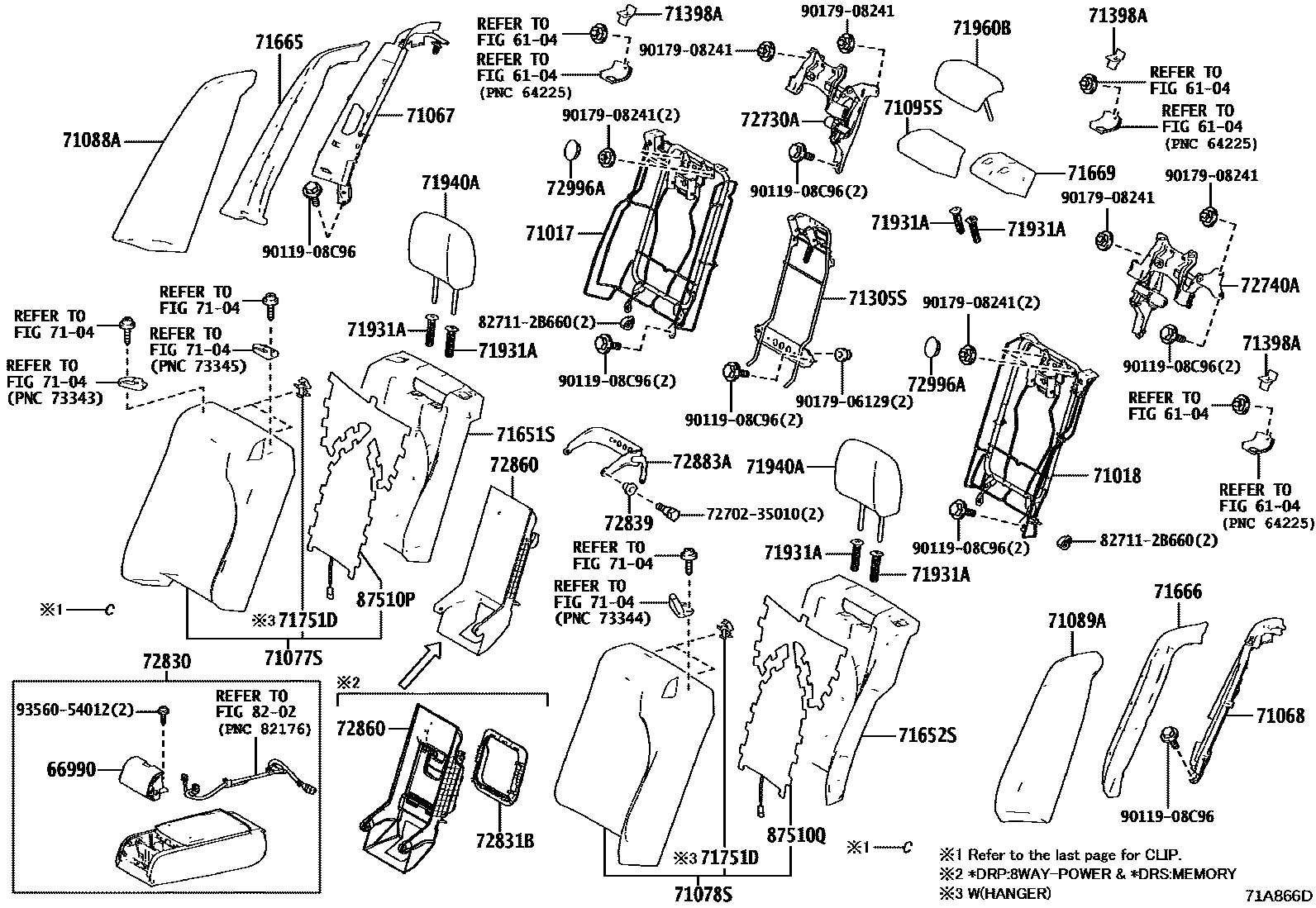 Toyota CAMRY 后排座椅和座椅滑轨 EPC diagram — 71A866D