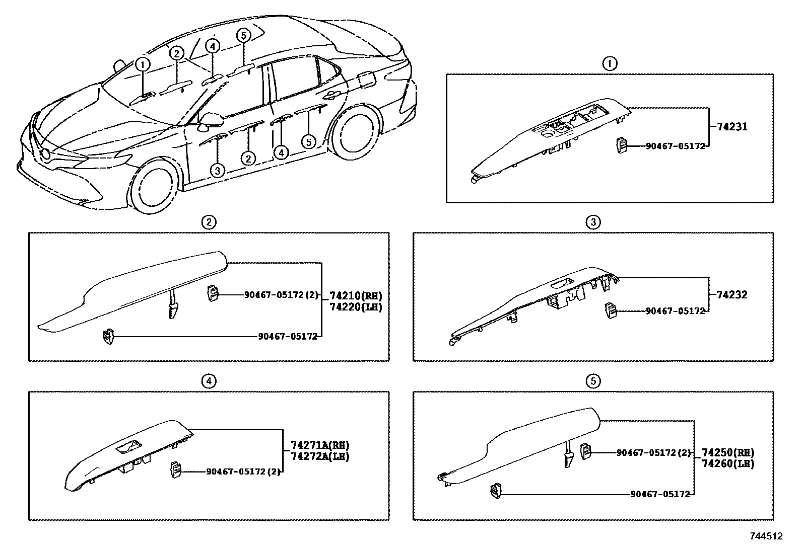 Toyota CAMRY 扶手和遮阳板 EPC diagram — 744512