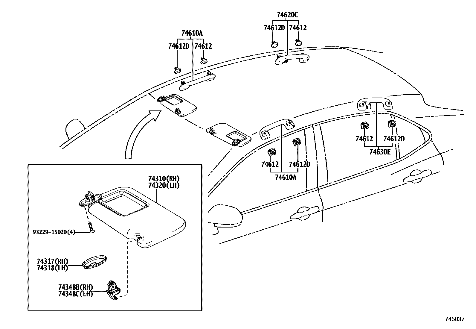 Toyota CAMRY 扶手和遮阳板 EPC diagram — 745037