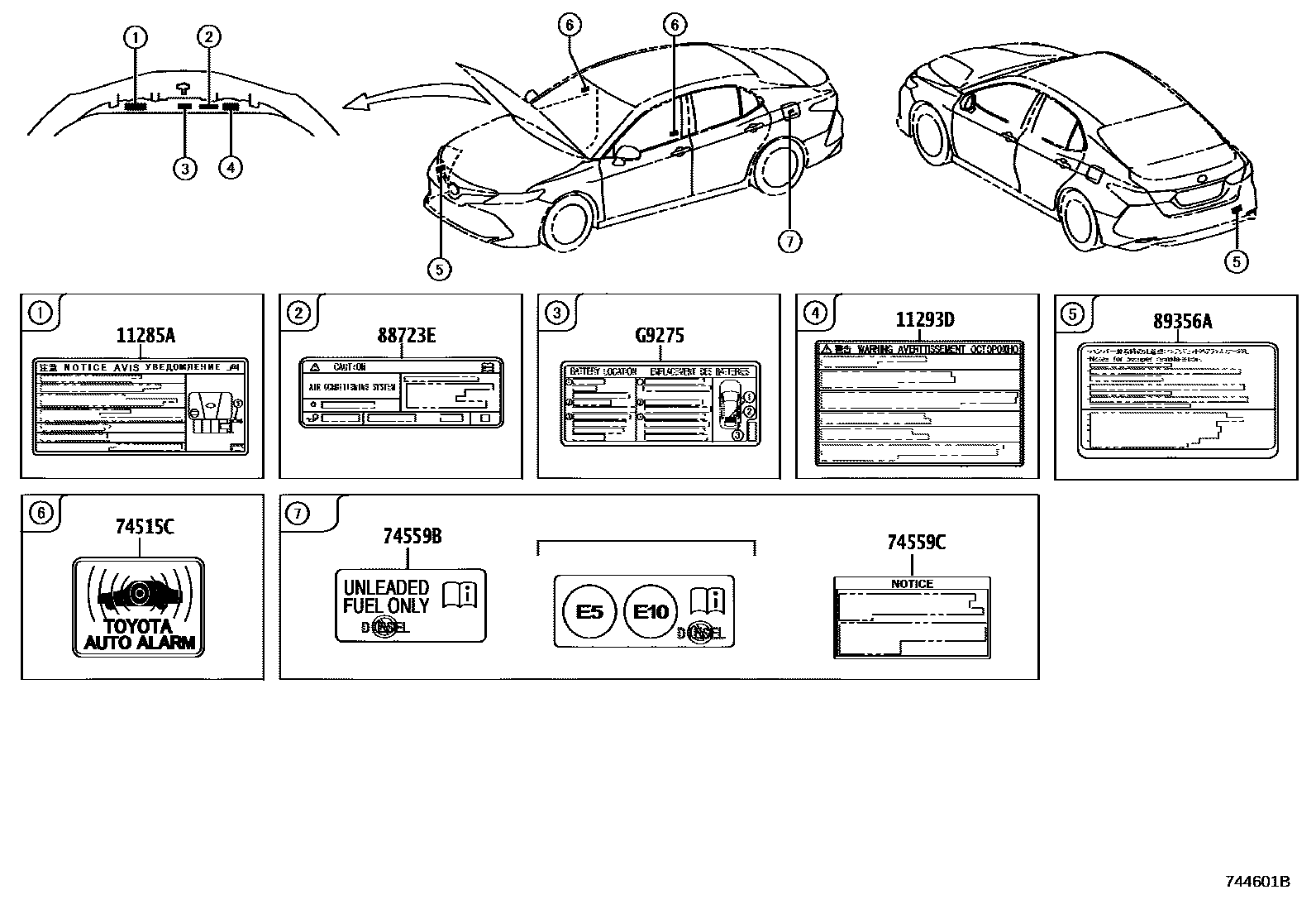 Toyota CAMRY 警示铭牌(车外和车内) EPC diagram — 744601B