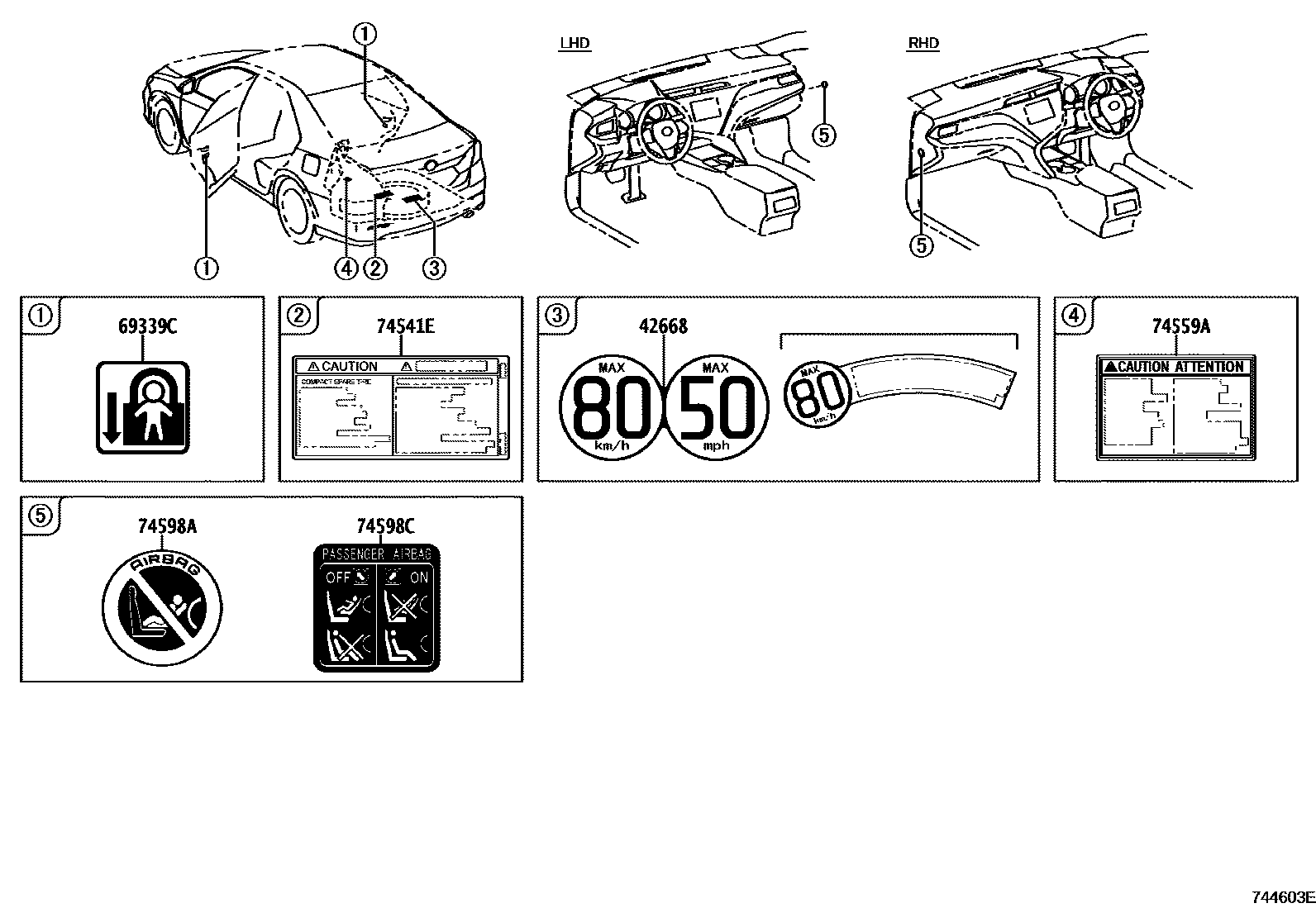 Toyota CAMRY 警示铭牌(车外和车内) EPC diagram — 744603E
