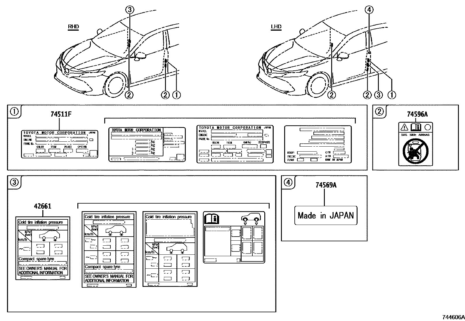 Toyota CAMRY 警示铭牌(车外和车内) EPC diagram — 744606A