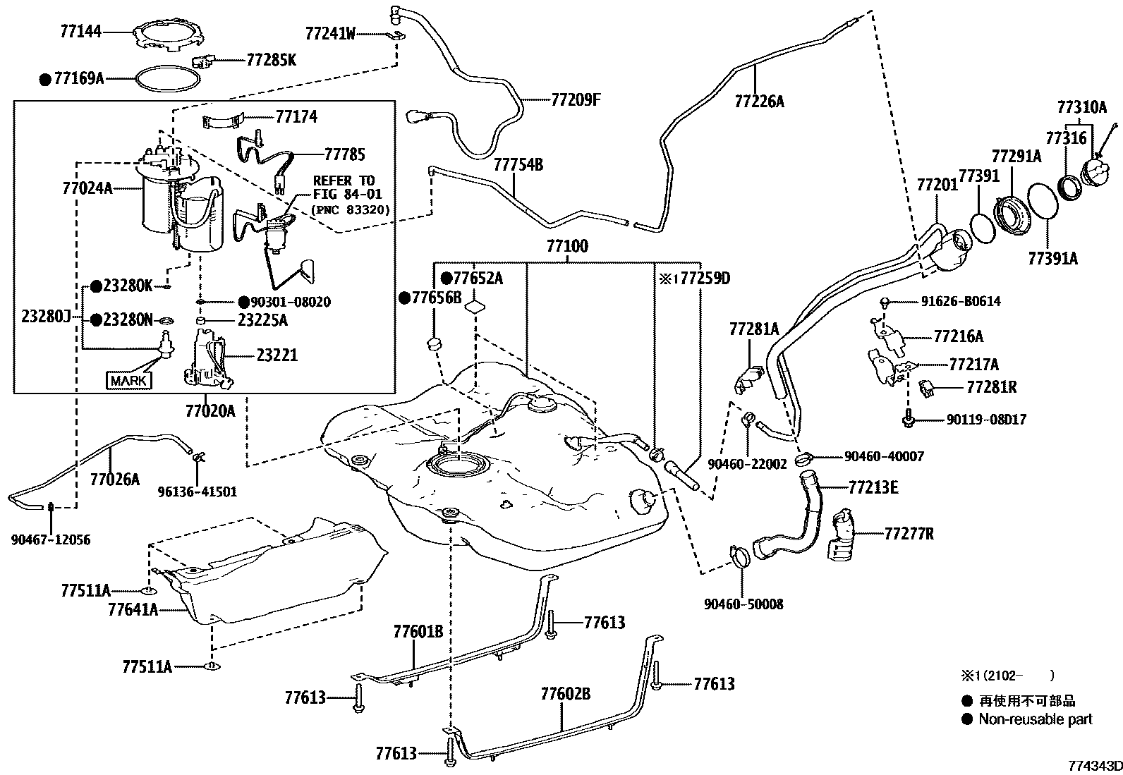 Toyota CAMRY 燃油箱和燃油管 EPC diagram — 774343D
