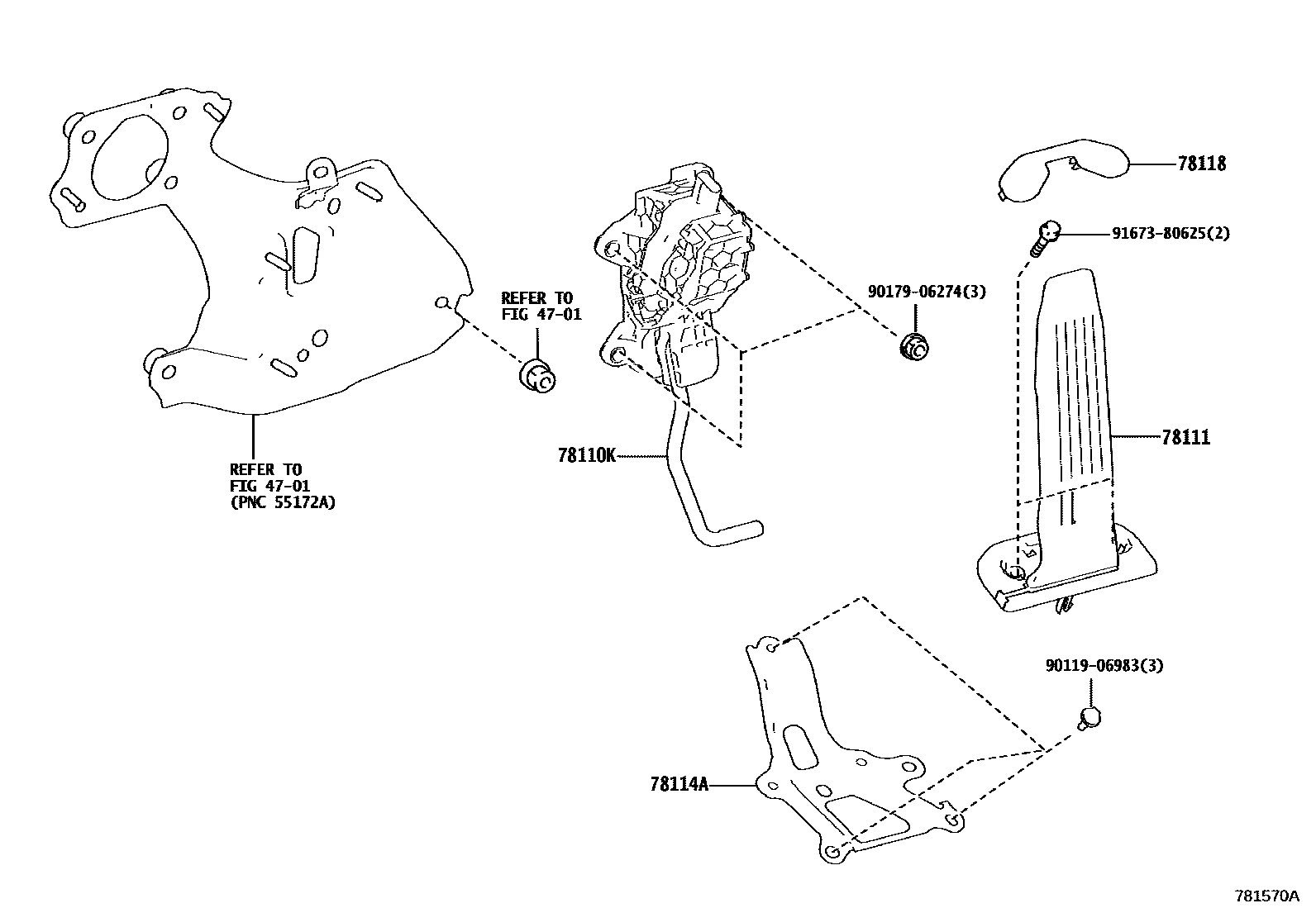 Toyota CAMRY accelerator pedal connecting rod EPC diagram — 781570A