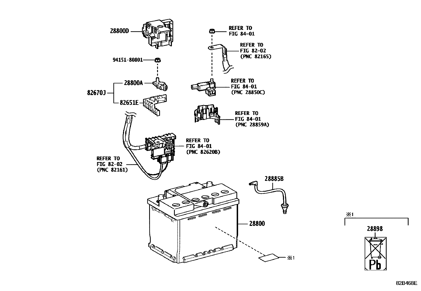 Toyota CAMRY 蓄电池和蓄电池电缆 EPC diagram — 82B468E