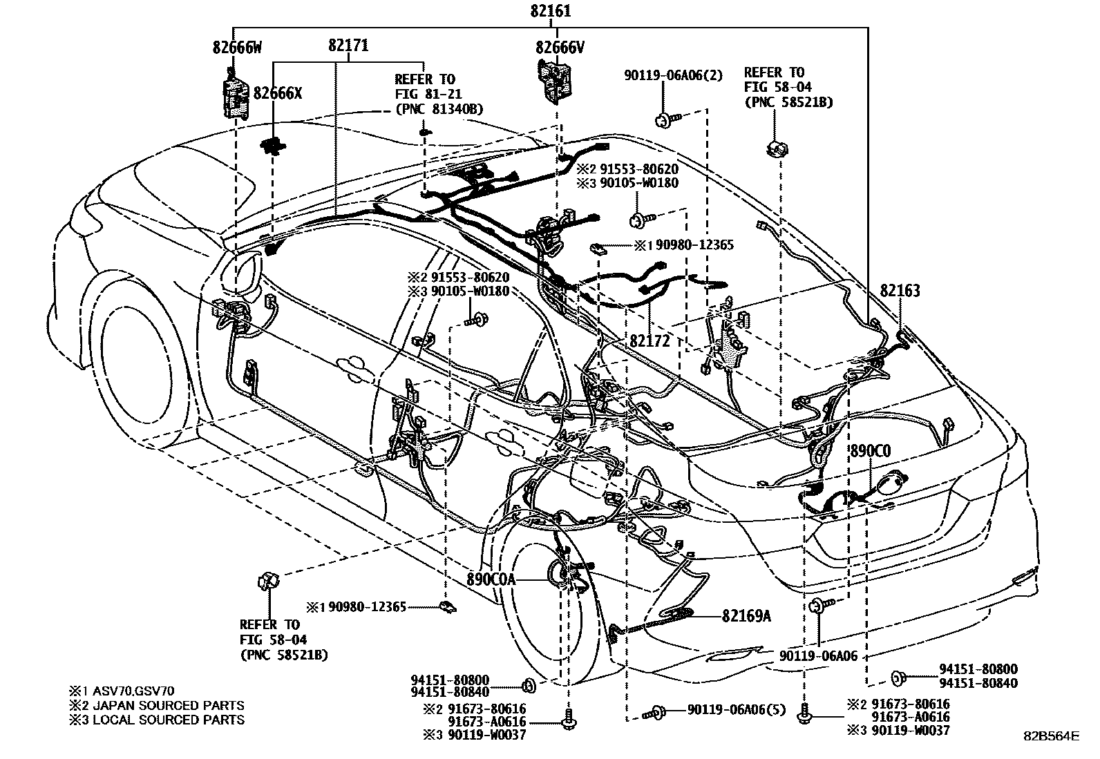 Toyota CAMRY 线束和卡夹 EPC diagram — 82B564E