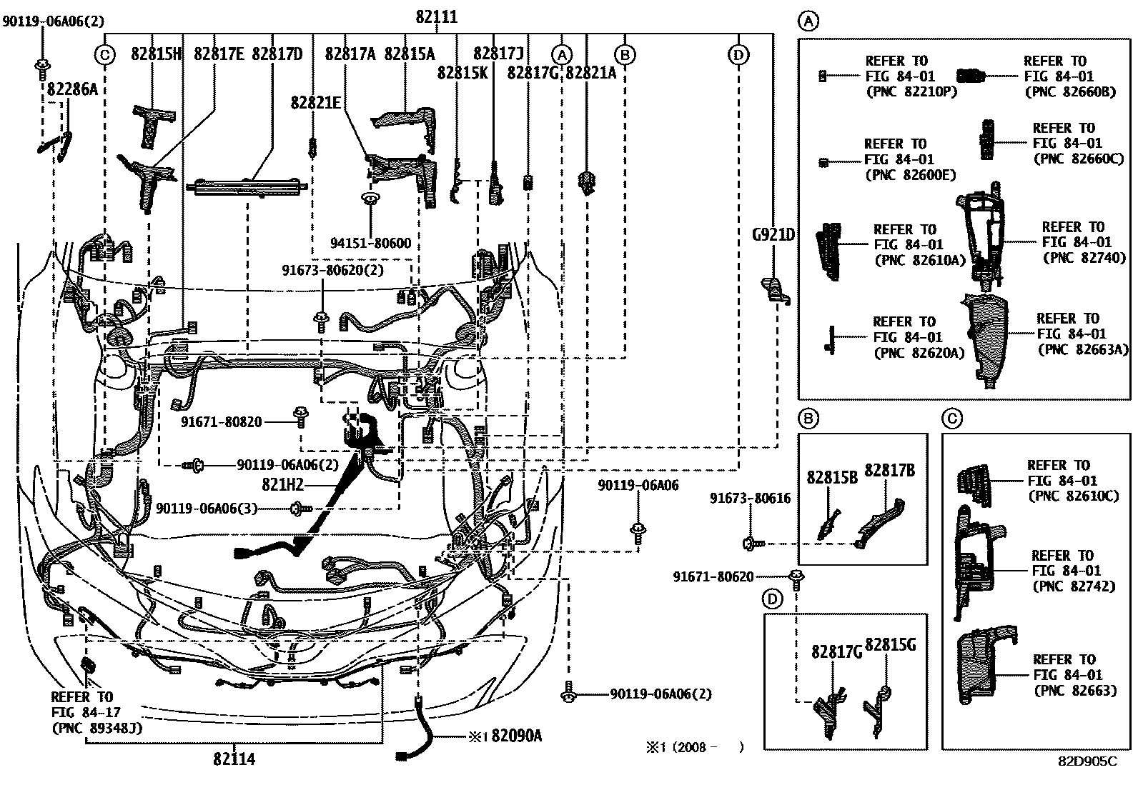 Toyota CAMRY 线束和卡夹 EPC diagram — 82D905C