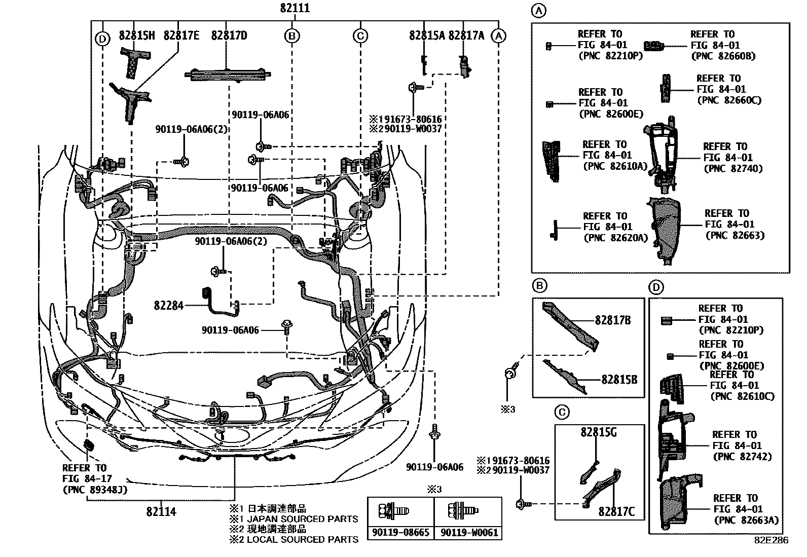 Toyota CAMRY 线束和卡夹 EPC diagram — 82E286