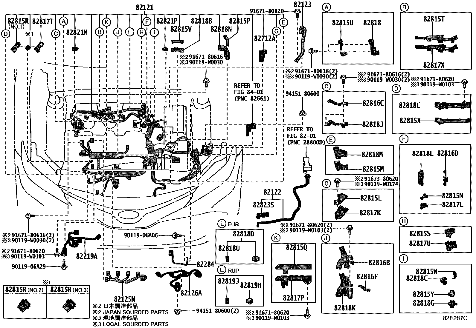 Toyota CAMRY 线束和卡夹 EPC diagram — 82E287C