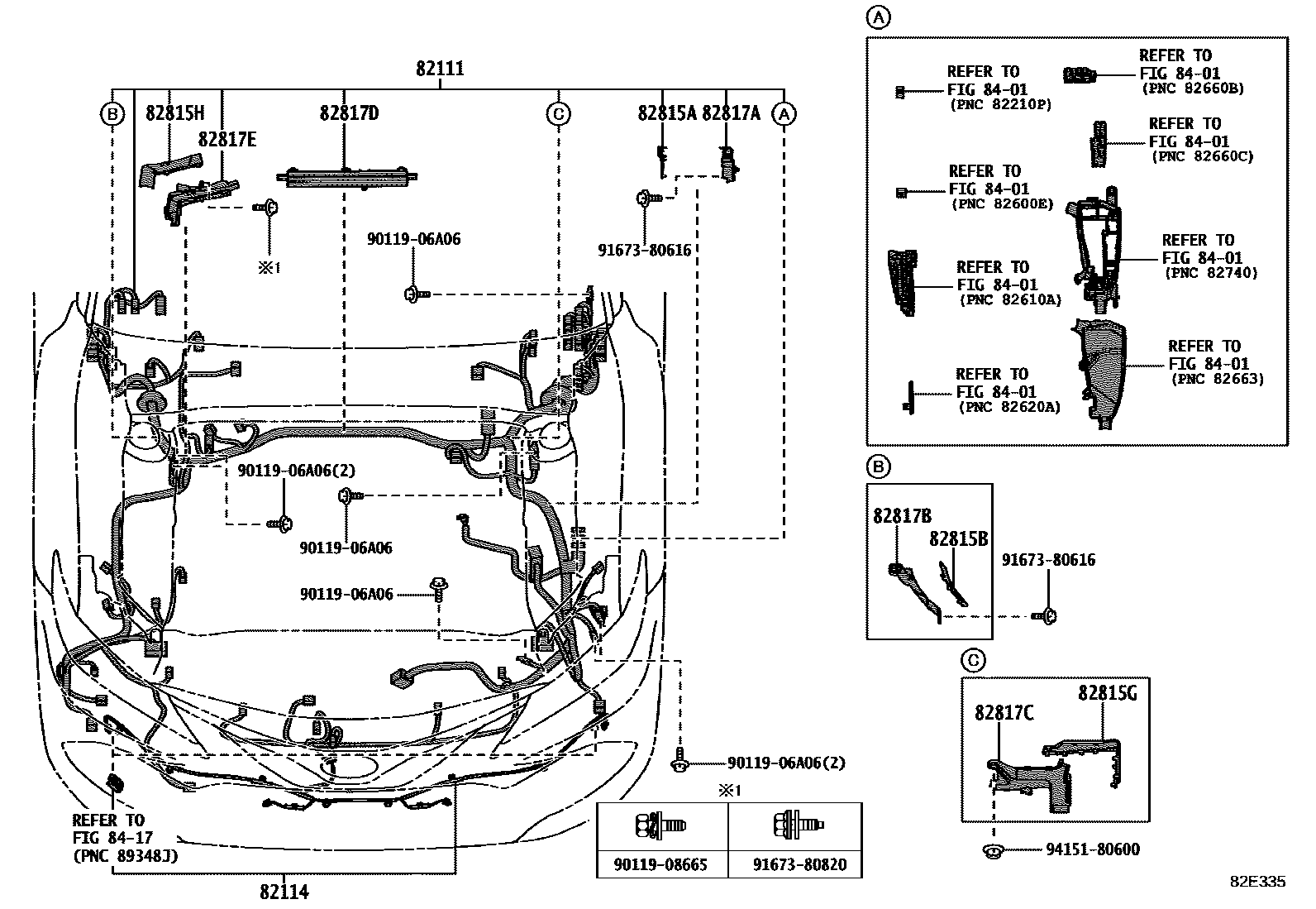 Toyota CAMRY 线束和卡夹 EPC diagram — 82E335