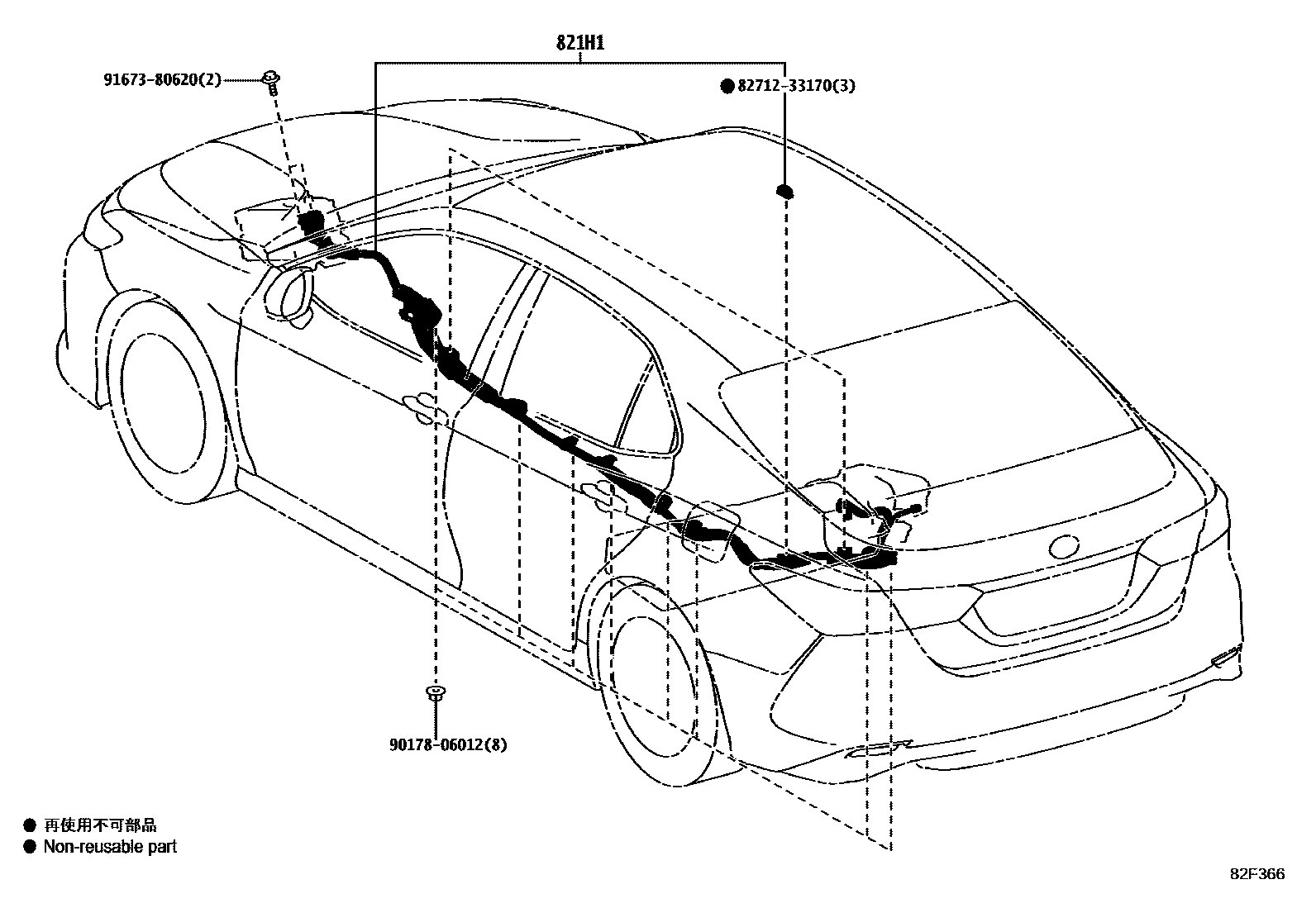 Toyota CAMRY 线束和卡夹 EPC diagram — 82F366
