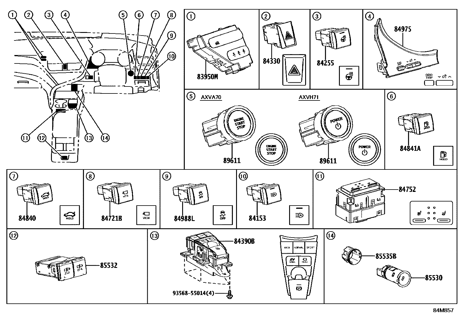 Toyota CAMRY 开关和继电器和ECU EPC diagram — 84M857