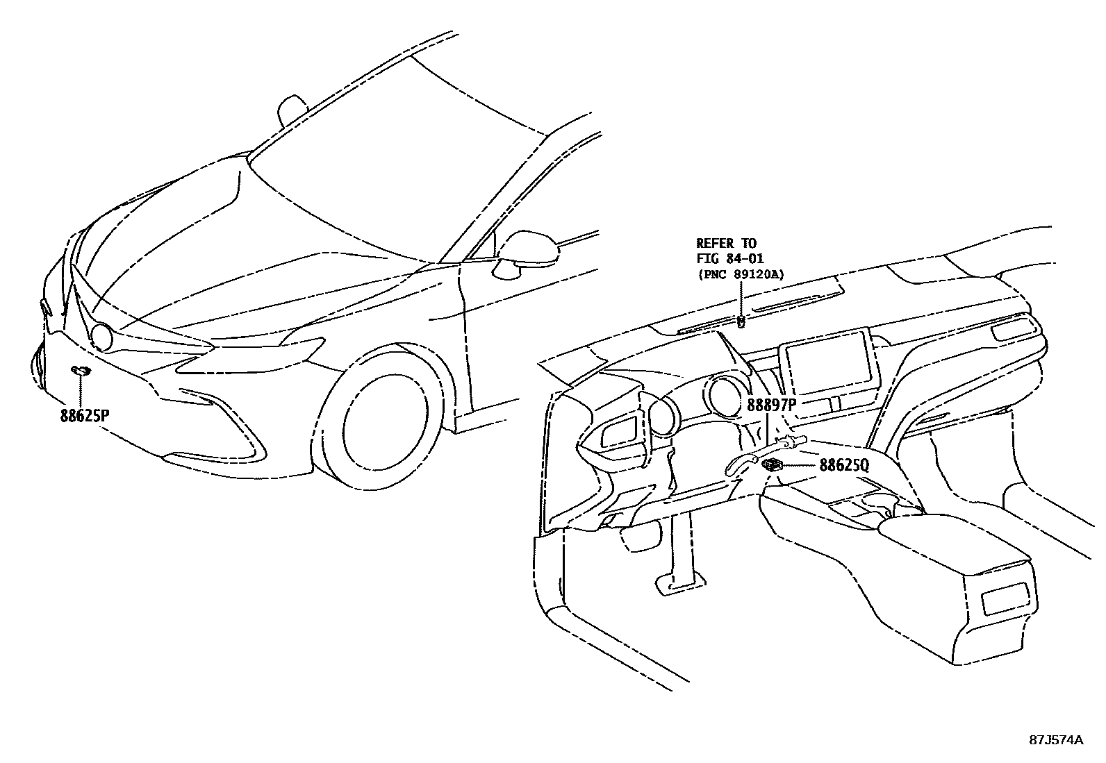 Toyota CAMRY 暖风和空调系统 - 控制器和风管 EPC diagram — 87J574A