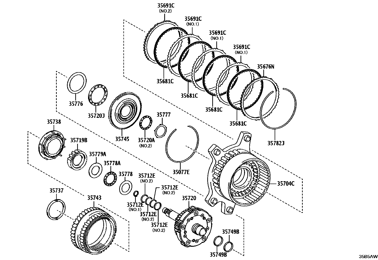Toyota CAMRY 行星齿轮、倒档活塞和中间轴齿轮(ATM) EPC diagram — 35B5AW
