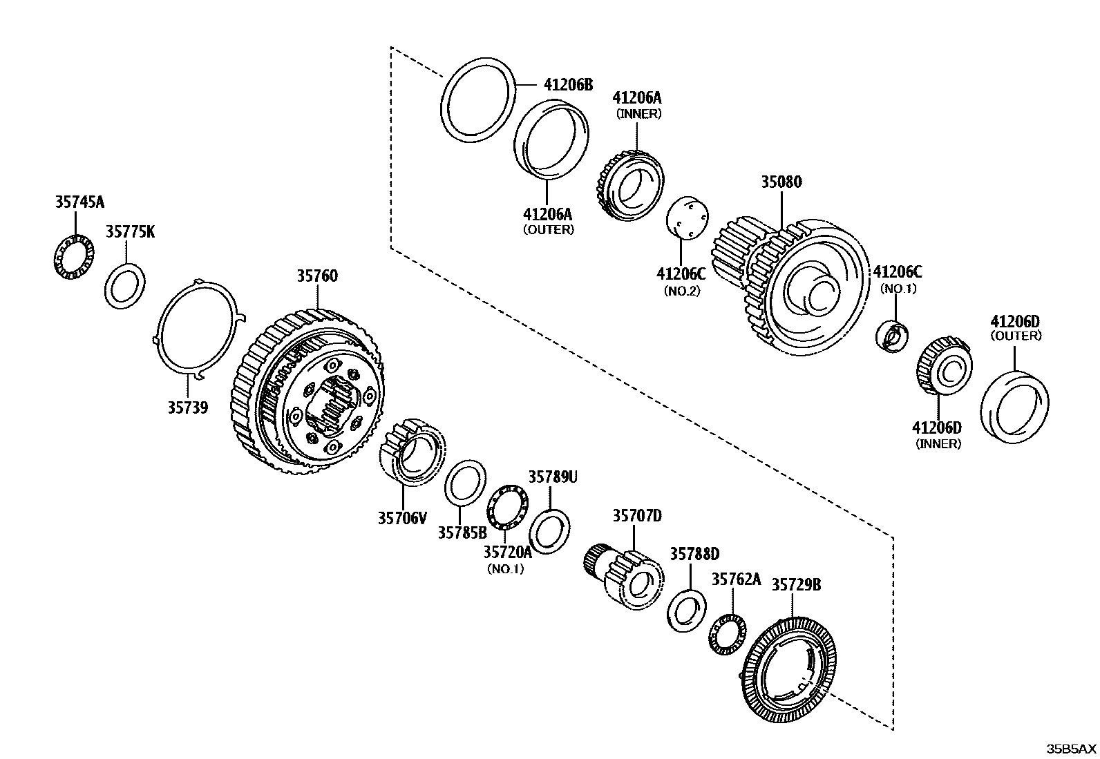 Toyota CAMRY 行星齿轮、倒档活塞和中间轴齿轮(ATM) EPC diagram — 35B5AX