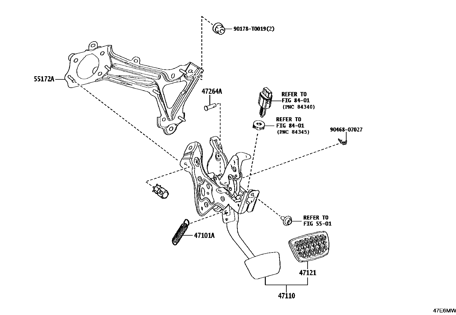 Toyota CAMRY Brake Pedal & Bracket EPC diagram — 47E6MW