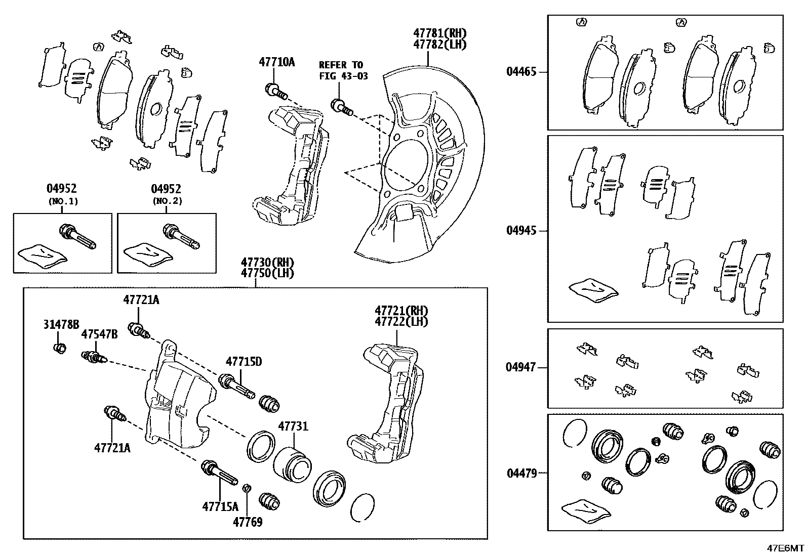 Toyota CAMRY 前盘式制动器卡钳和防尘罩 EPC diagram — 47E6MT