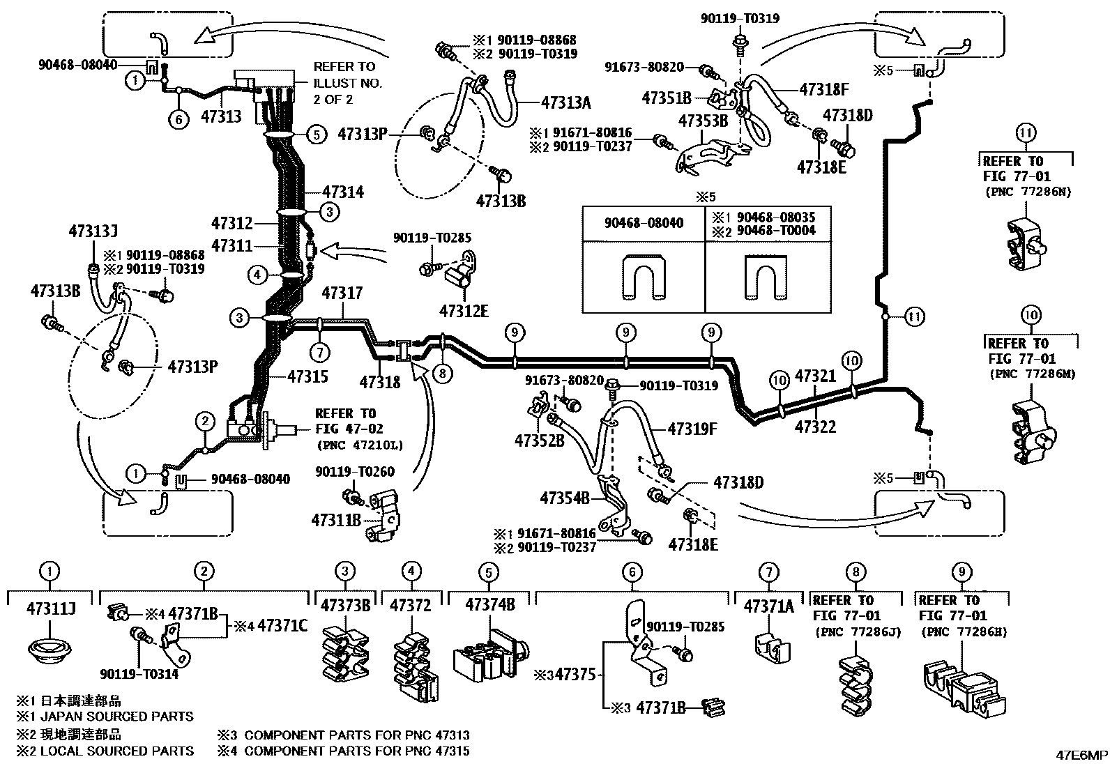 Toyota CAMRY 制动配管和卡箍 EPC diagram — 47E6MP