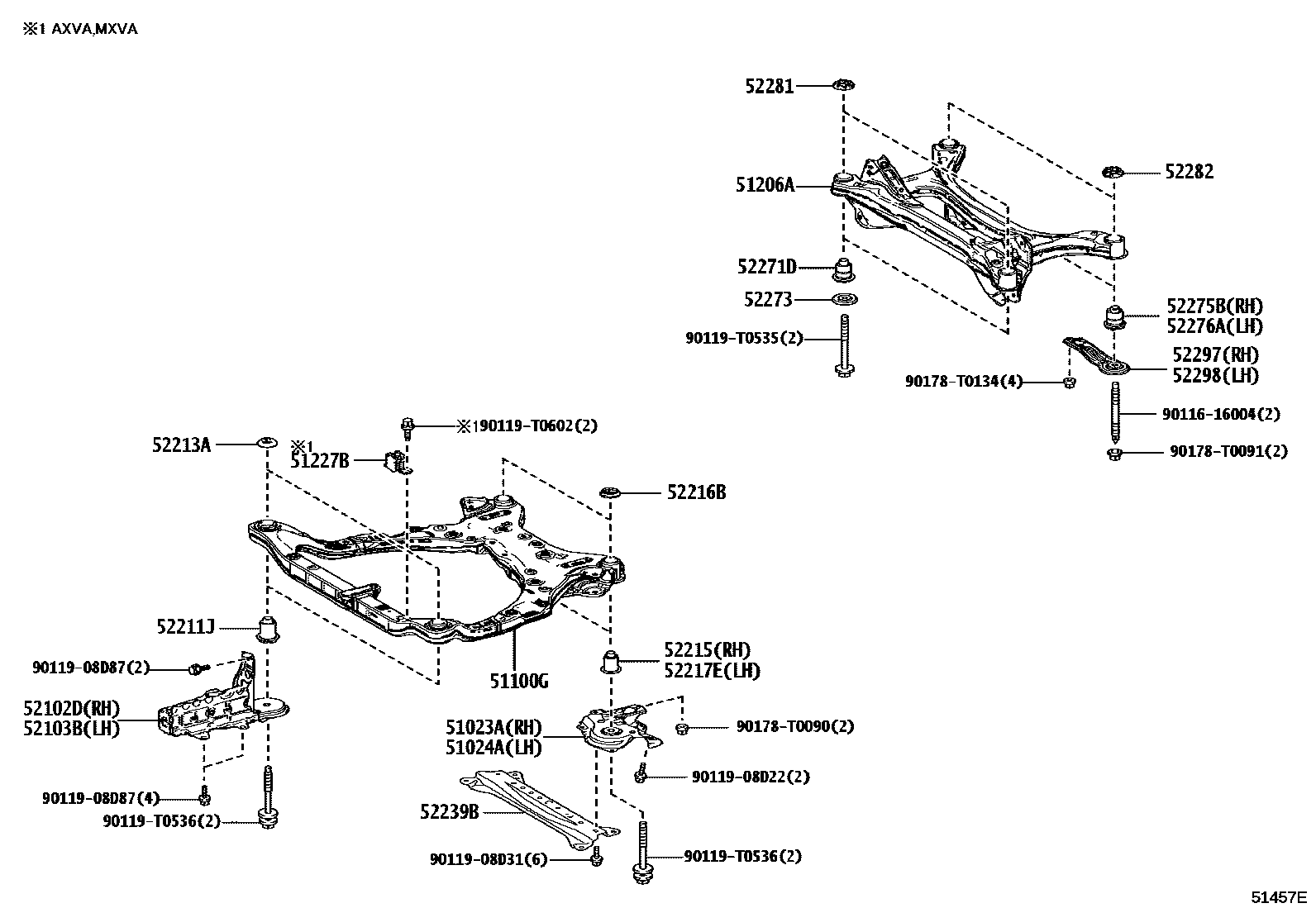 Toyota CAMRY 悬架横梁和发动机底罩 EPC diagram — 51457E