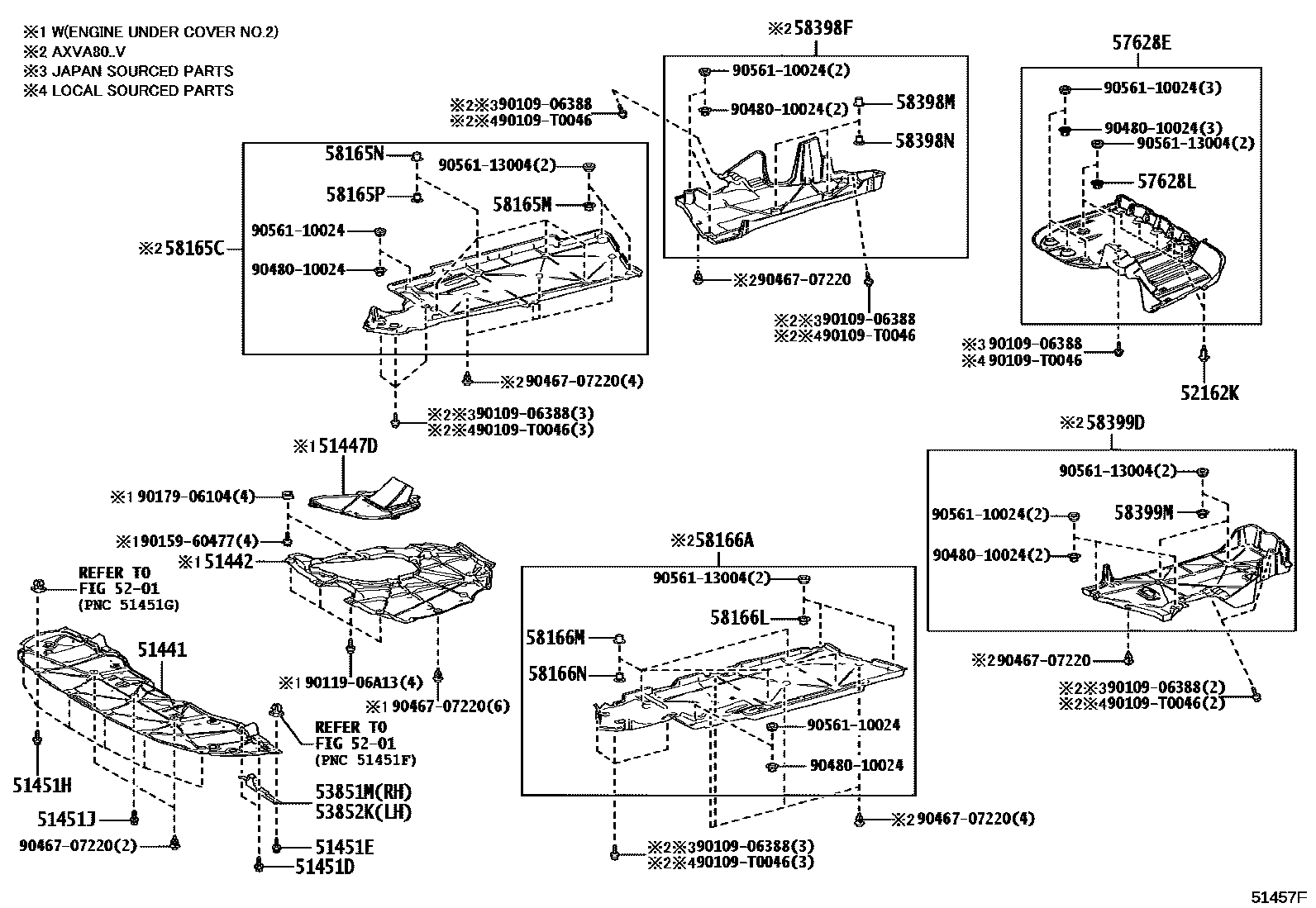 Toyota CAMRY 悬架横梁和发动机底罩 EPC diagram — 51457F