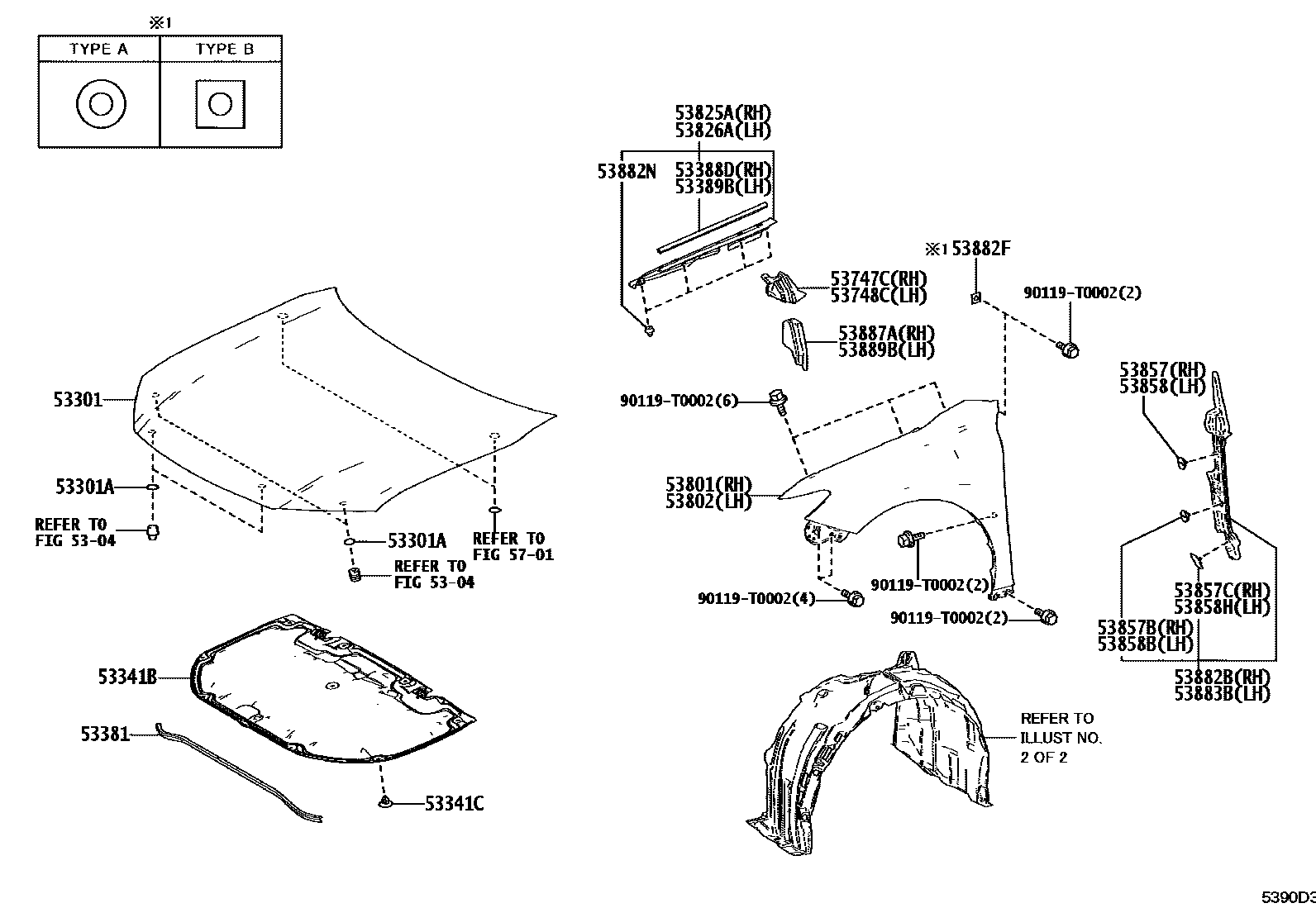 Toyota CAMRY 发动机盖和前翼子板 EPC diagram — 5390D3