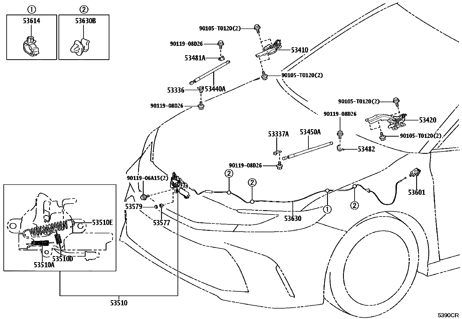 Toyota CAMRY 发动机盖锁和铰链 EPC diagram — 5390CR