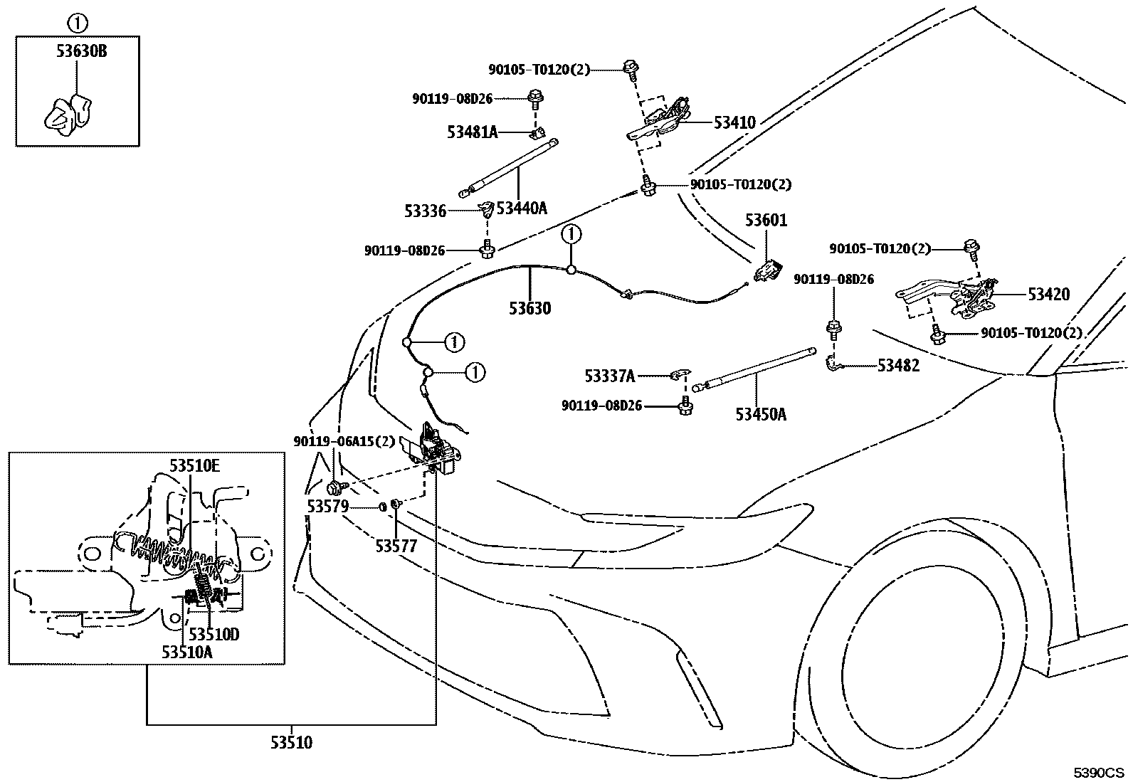 Toyota CAMRY 发动机盖锁和铰链 EPC diagram — 5390CS
