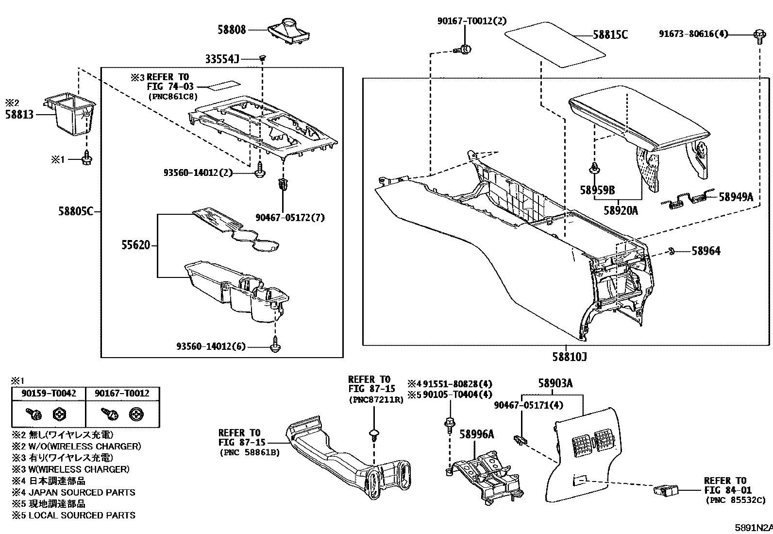 Toyota CAMRY 中央扶手箱和支架 EPC diagram — 5891N2A