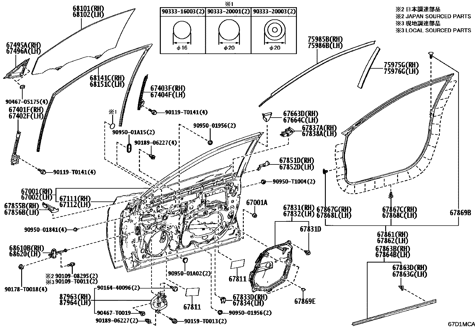 Toyota CAMRY 前门板和前门玻璃 EPC diagram — 67D1MCA