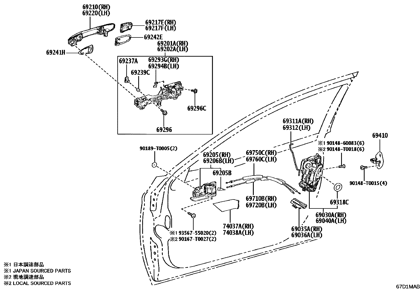 Toyota CAMRY 前门锁和车门把手 EPC diagram — 67D1MAB