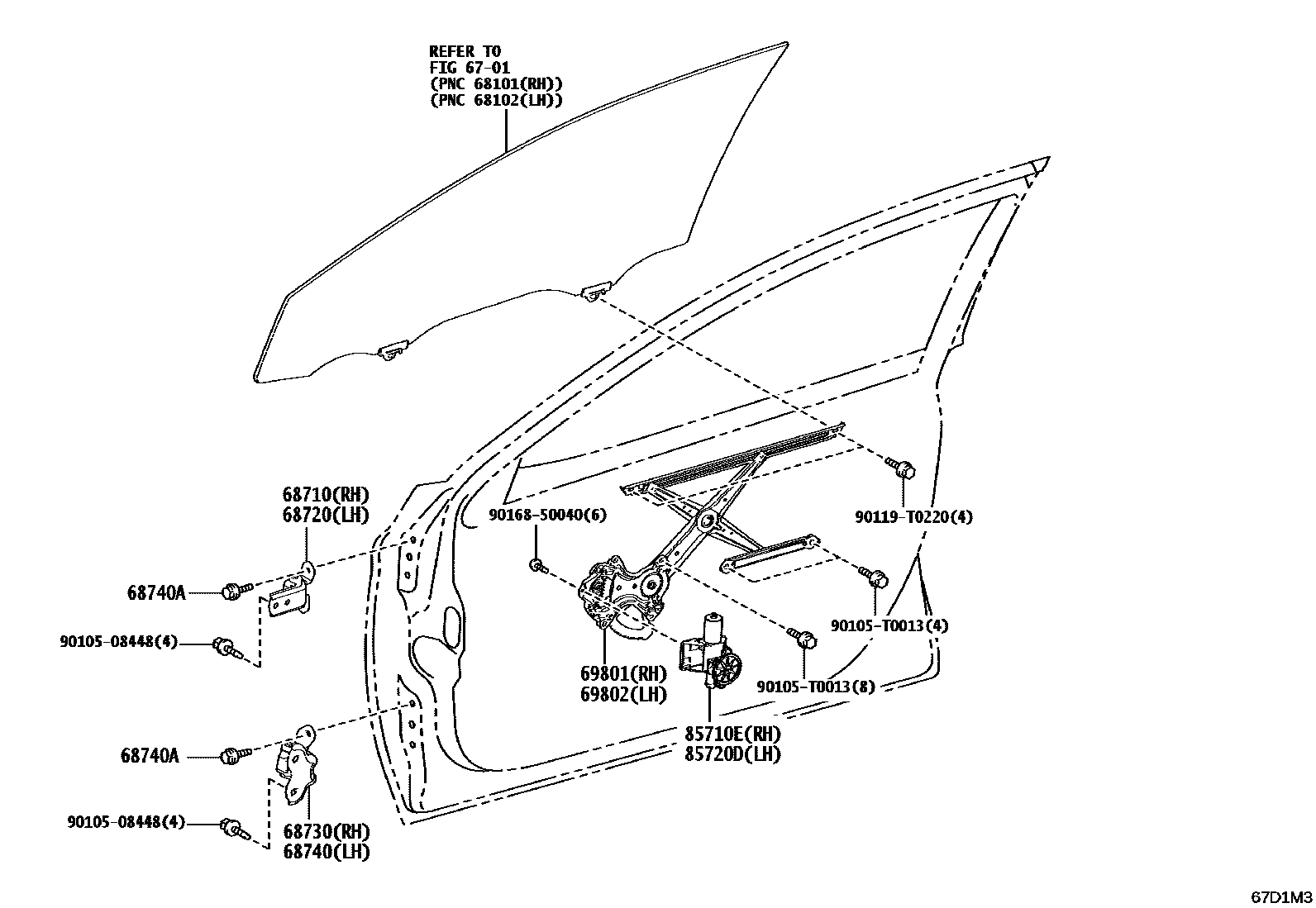 Toyota CAMRY 前门车窗升降器和合页 EPC diagram — 67D1M3