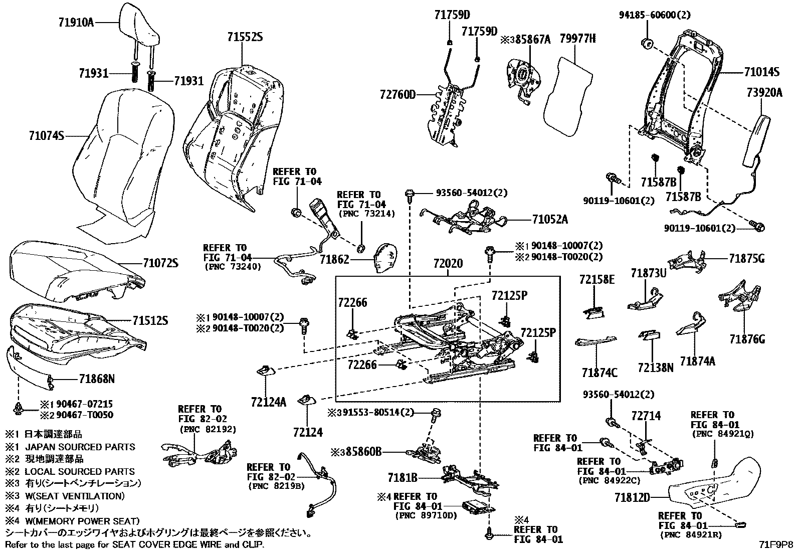 Toyota CAMRY 前排座椅和座椅滑轨 EPC diagram — 71F9P8