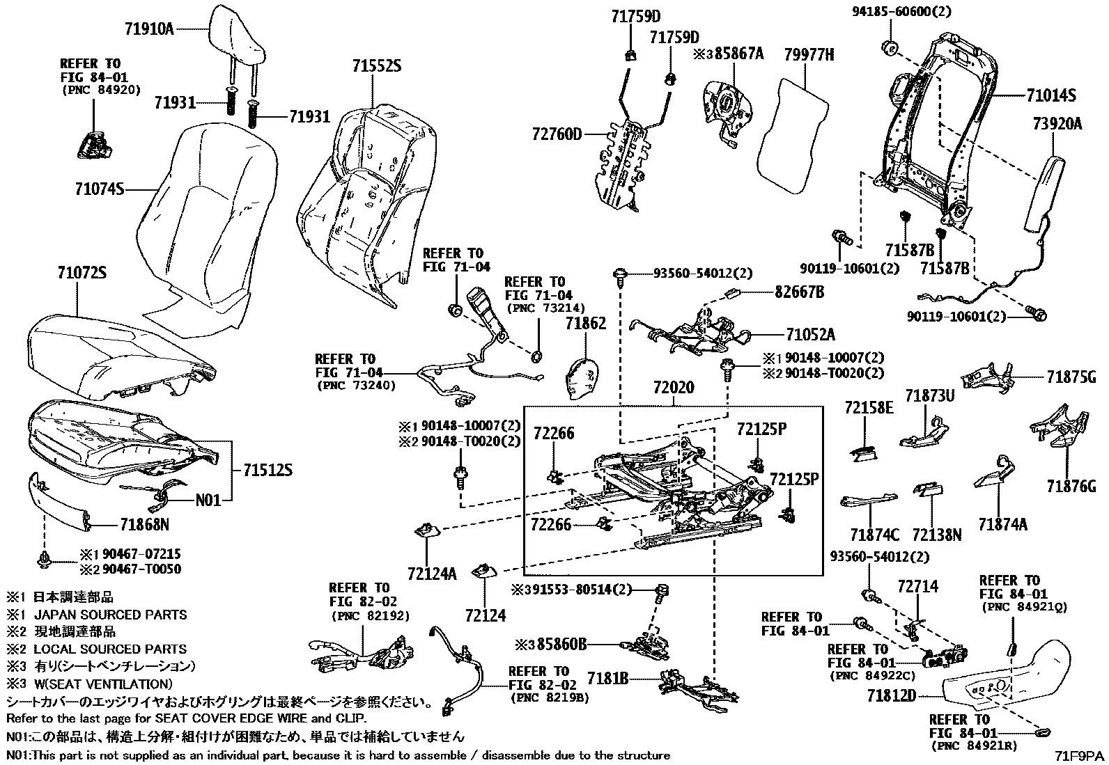 Toyota CAMRY 前排座椅和座椅滑轨 EPC diagram — 71F9PA