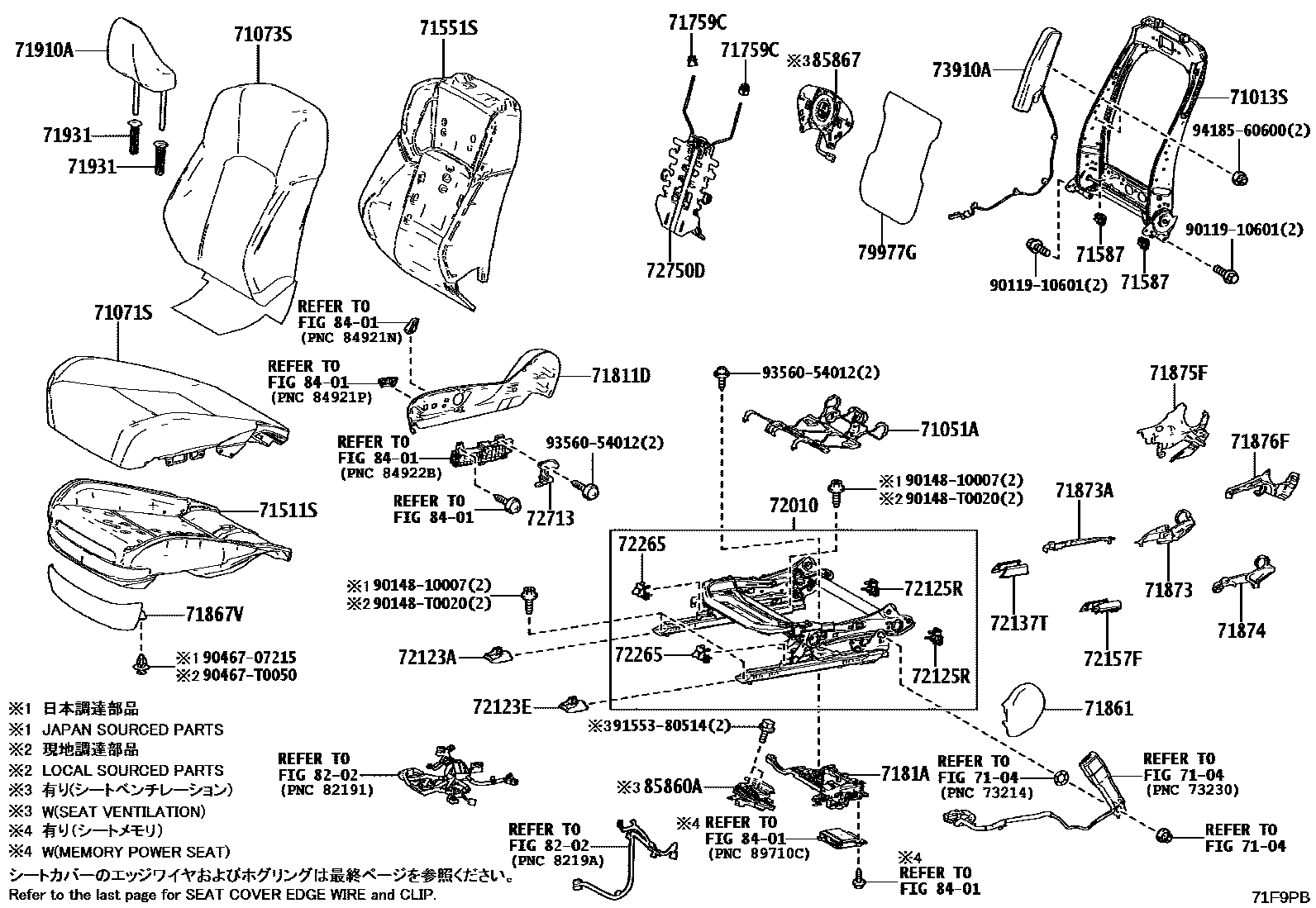 Toyota CAMRY 前排座椅和座椅滑轨 EPC diagram — 71F9PB
