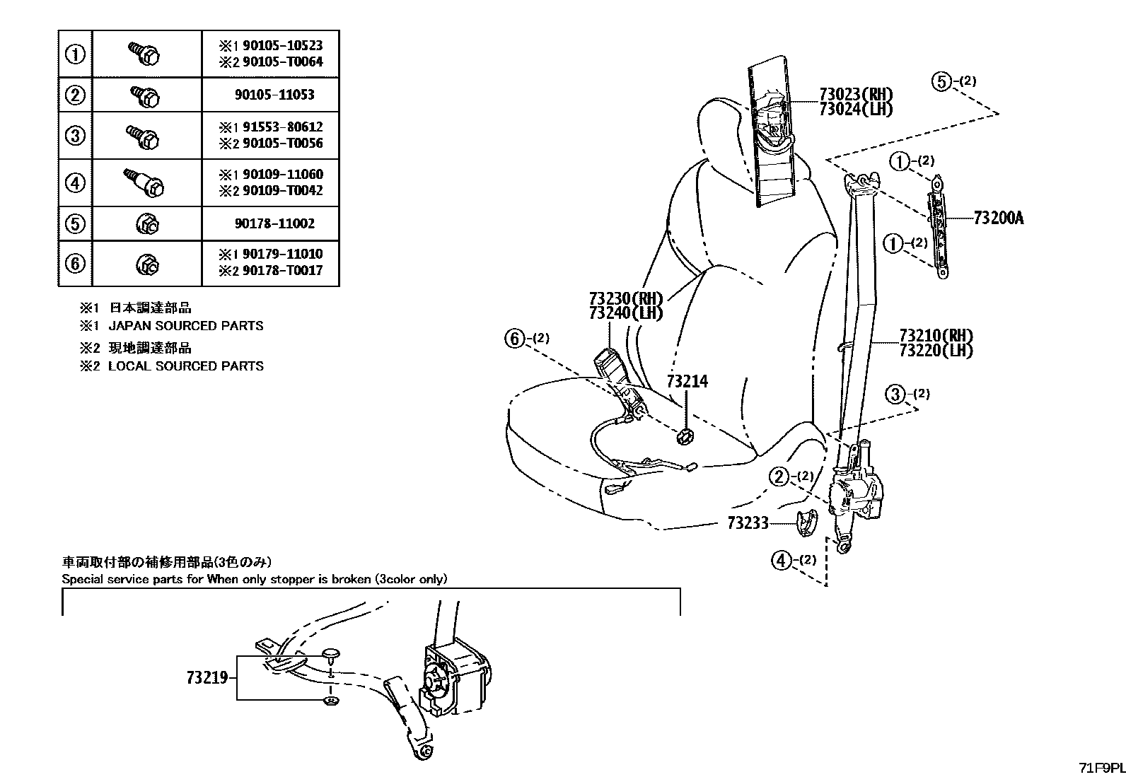 Toyota CAMRY 安全带和儿童保护座椅 EPC diagram — 71F9PL