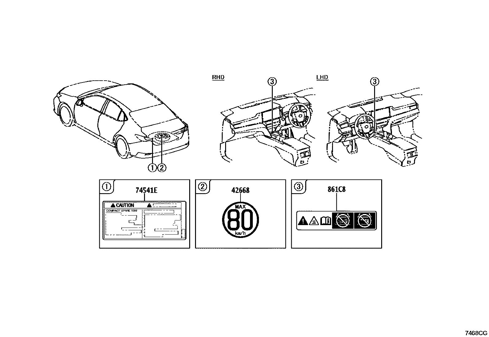 Toyota CAMRY 警示铭牌(车外和车内) EPC diagram — 7468CG