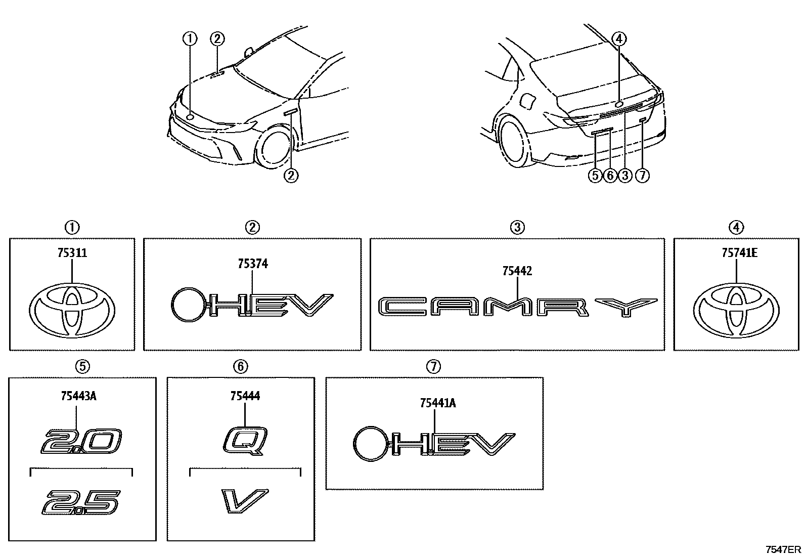 Toyota CAMRY 丰田徽标和铭牌(车外和车内) EPC diagram — 7547FR
