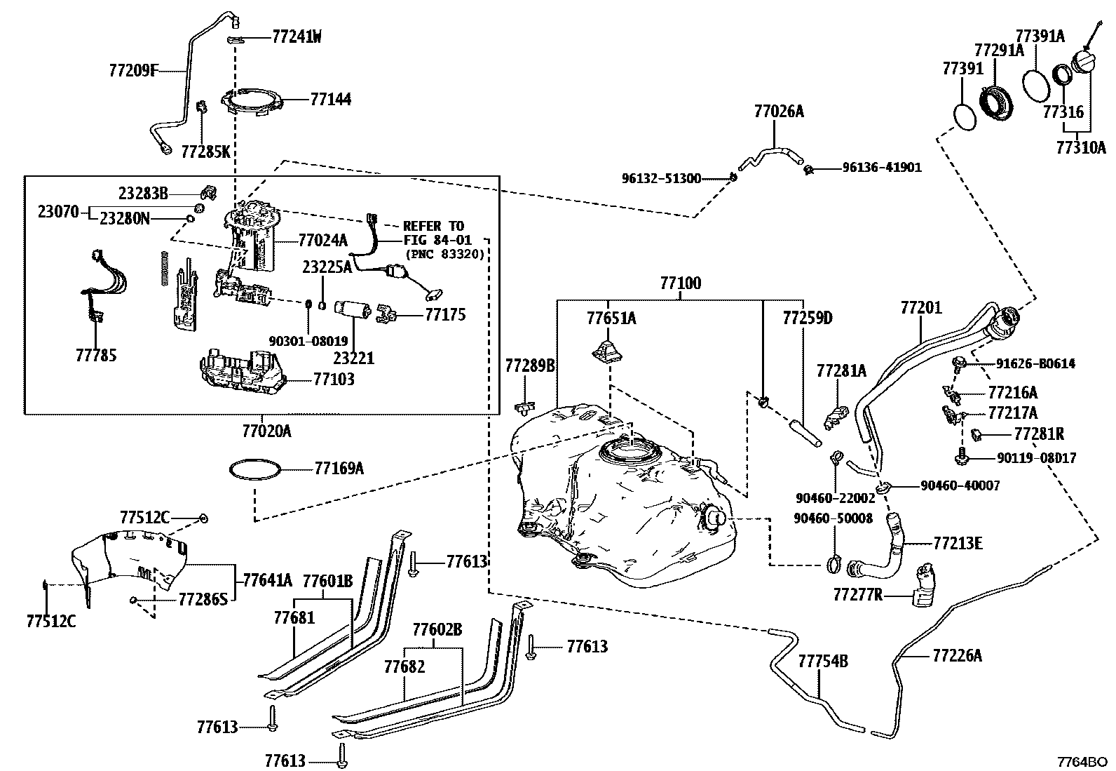 Toyota CAMRY 燃油箱和燃油管 EPC diagram — 7764BO