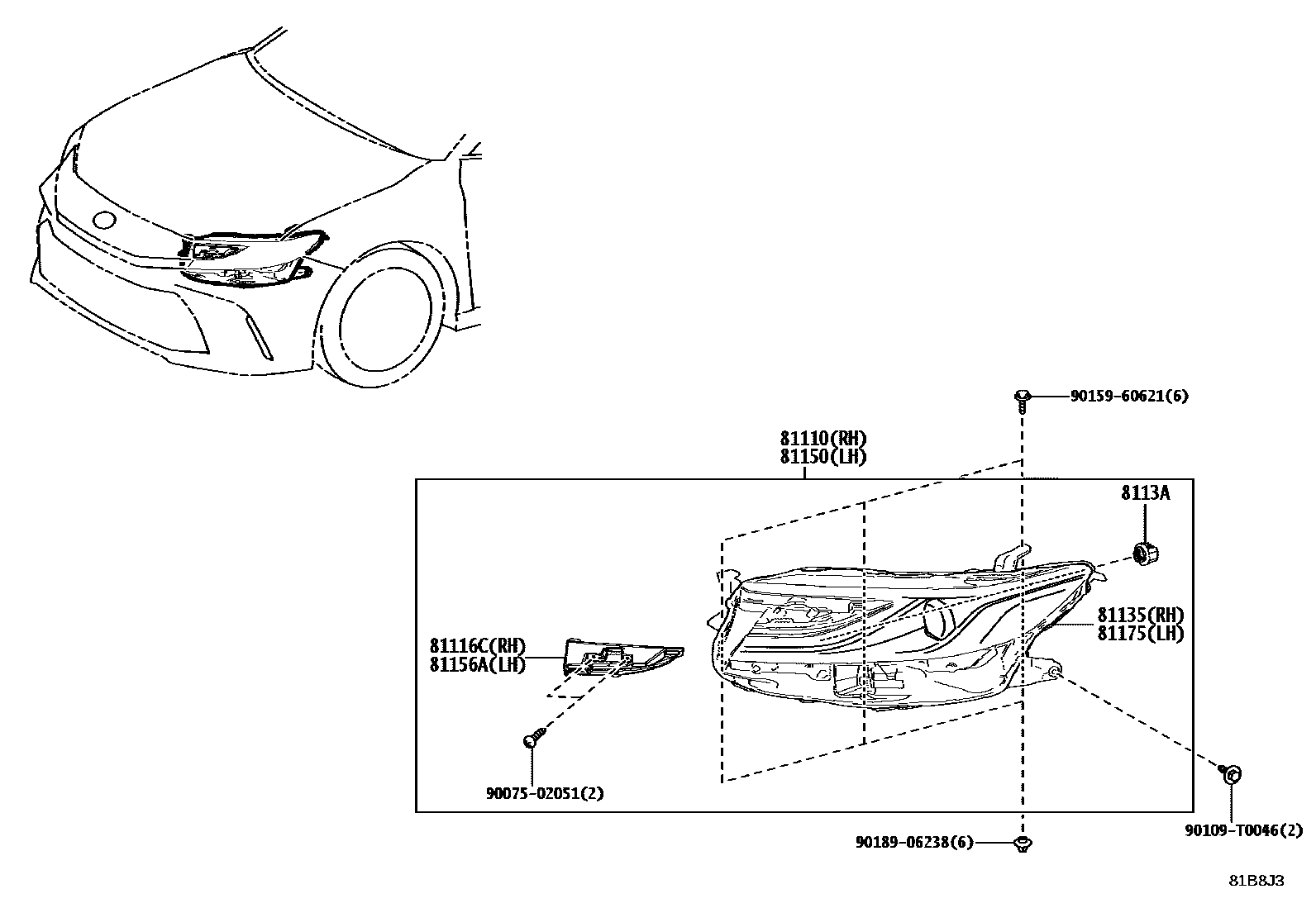 Toyota CAMRY Headlamp EPC diagram — 81B8J3