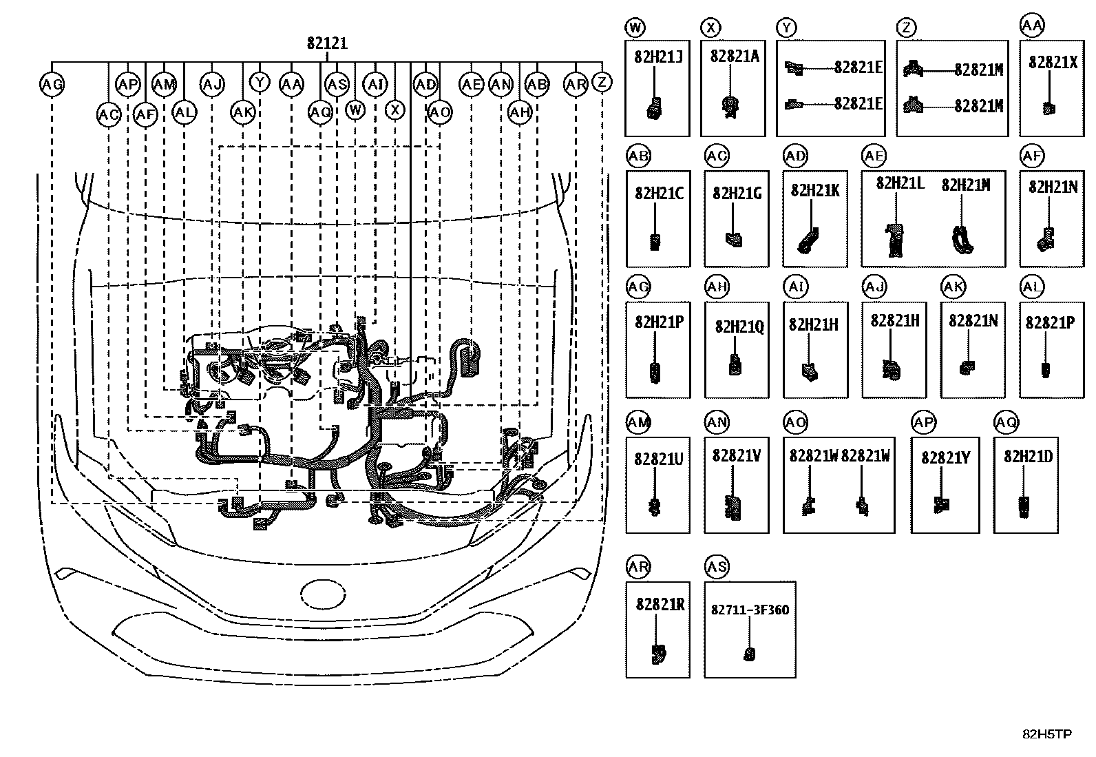 Toyota CAMRY 线束和卡夹 EPC diagram — 82H5TP