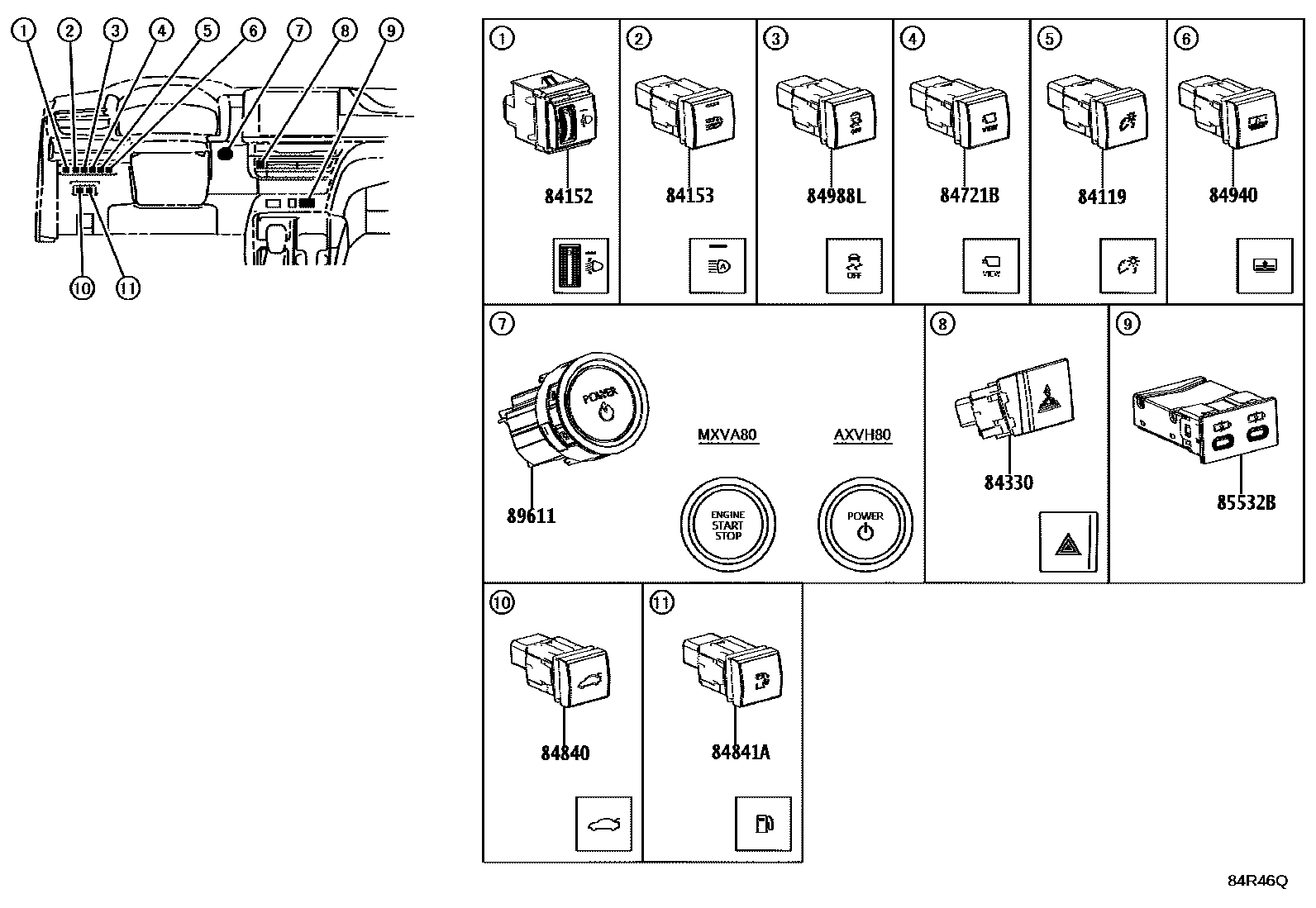 Toyota CAMRY 开关和继电器和ECU EPC diagram — 84R46Q