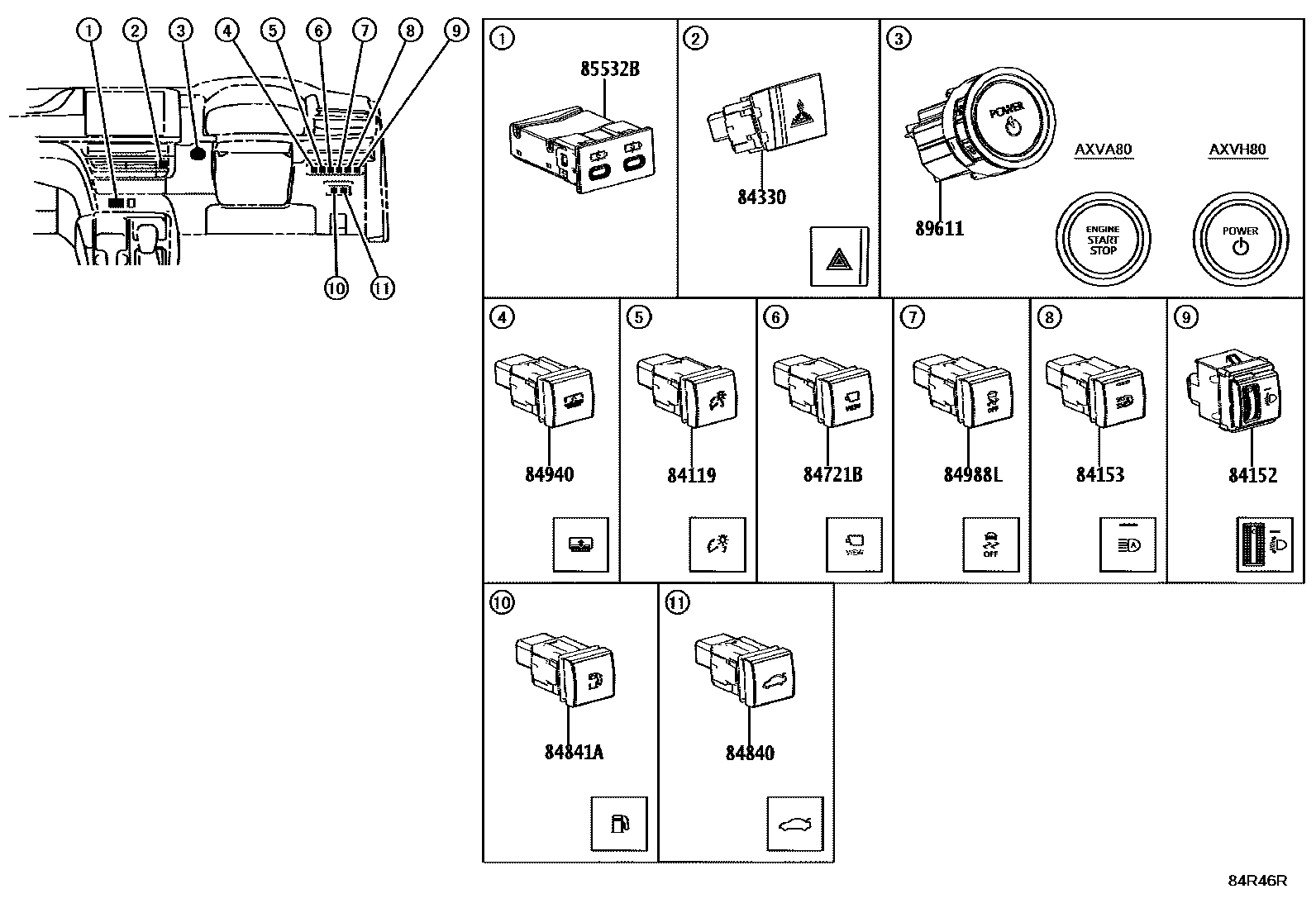 Toyota CAMRY 开关和继电器和ECU EPC diagram — 84R46R