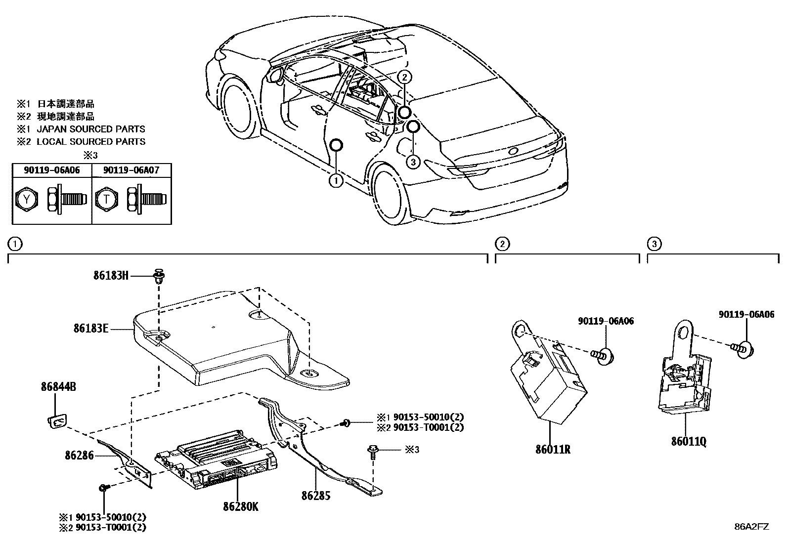 Toyota CAMRY 收音机、放大器和冷凝器 EPC diagram — 86A2FZ