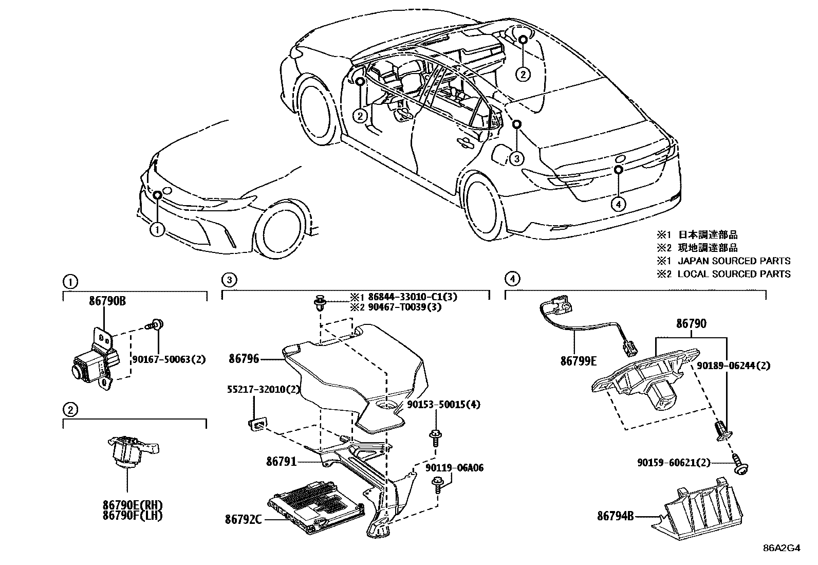 Toyota CAMRY 倒车影像和摄像头 EPC diagram — 86A2G4