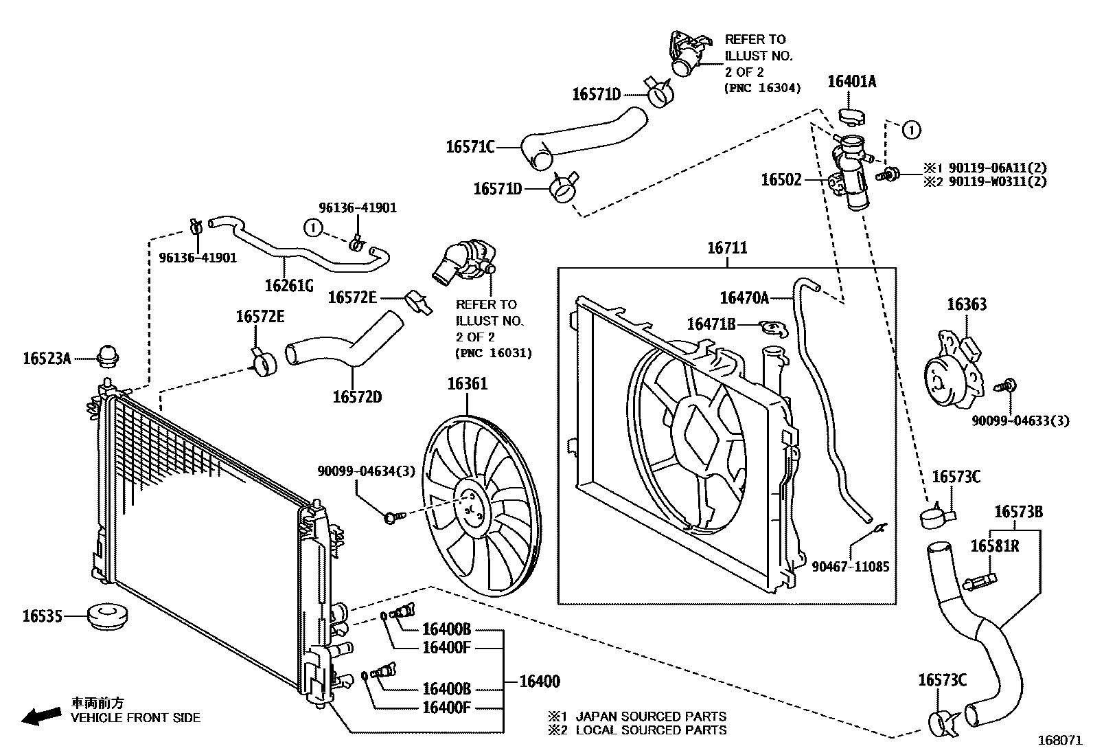 Toyota YARIS RADIATOR & WATER OUTLET EPC diagram — 168071
