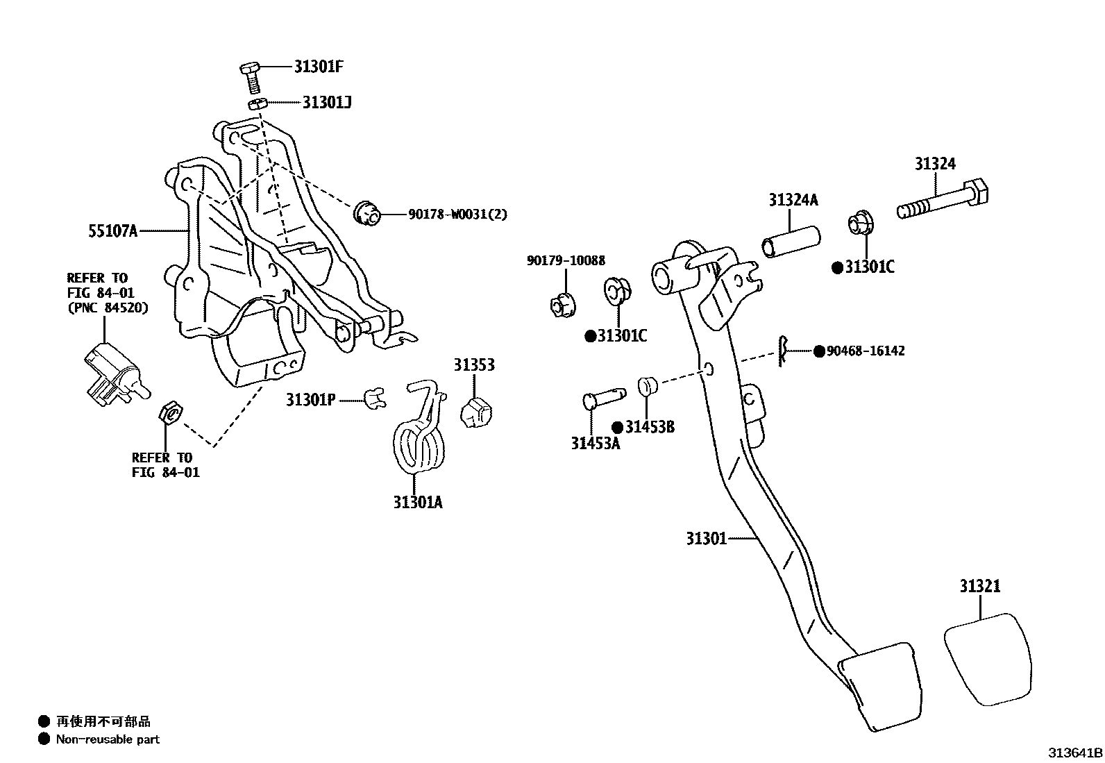 Toyota YARIS 离合器踏板和挠性软管 EPC diagram — 313641B