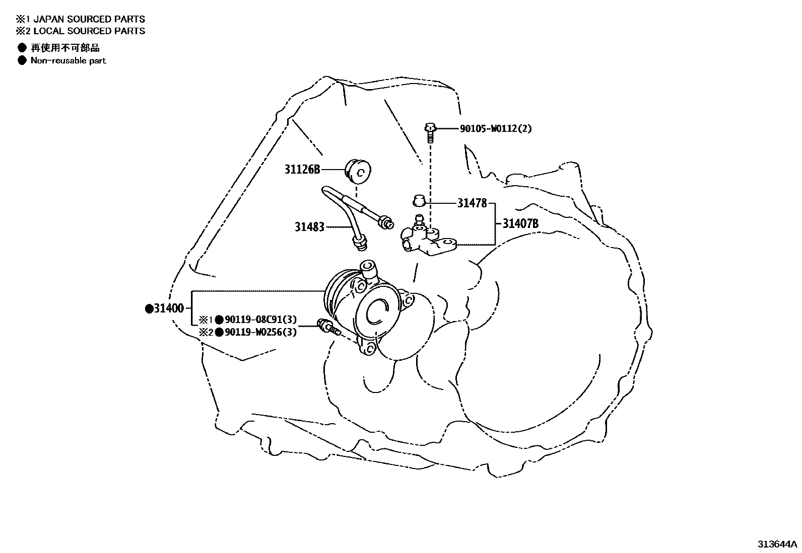 Toyota YARIS 离合器分离缸 EPC diagram — 313644A