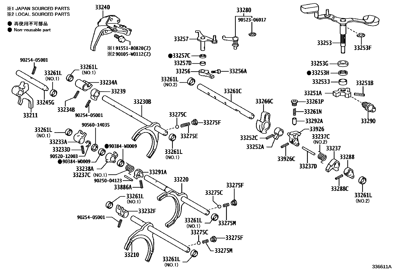Toyota YARIS 换档拨叉和换档杆轴(MTM) EPC diagram — 336611A