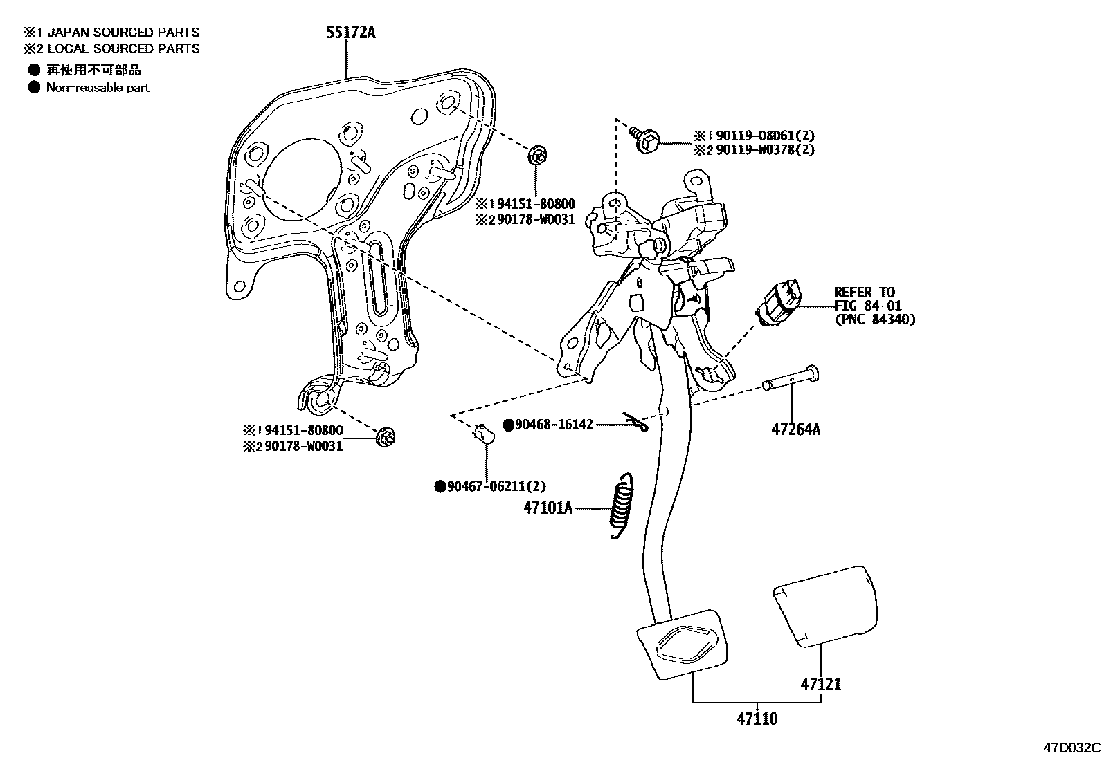 Toyota YARIS Brake Pedal & Bracket EPC diagram — 47D032C