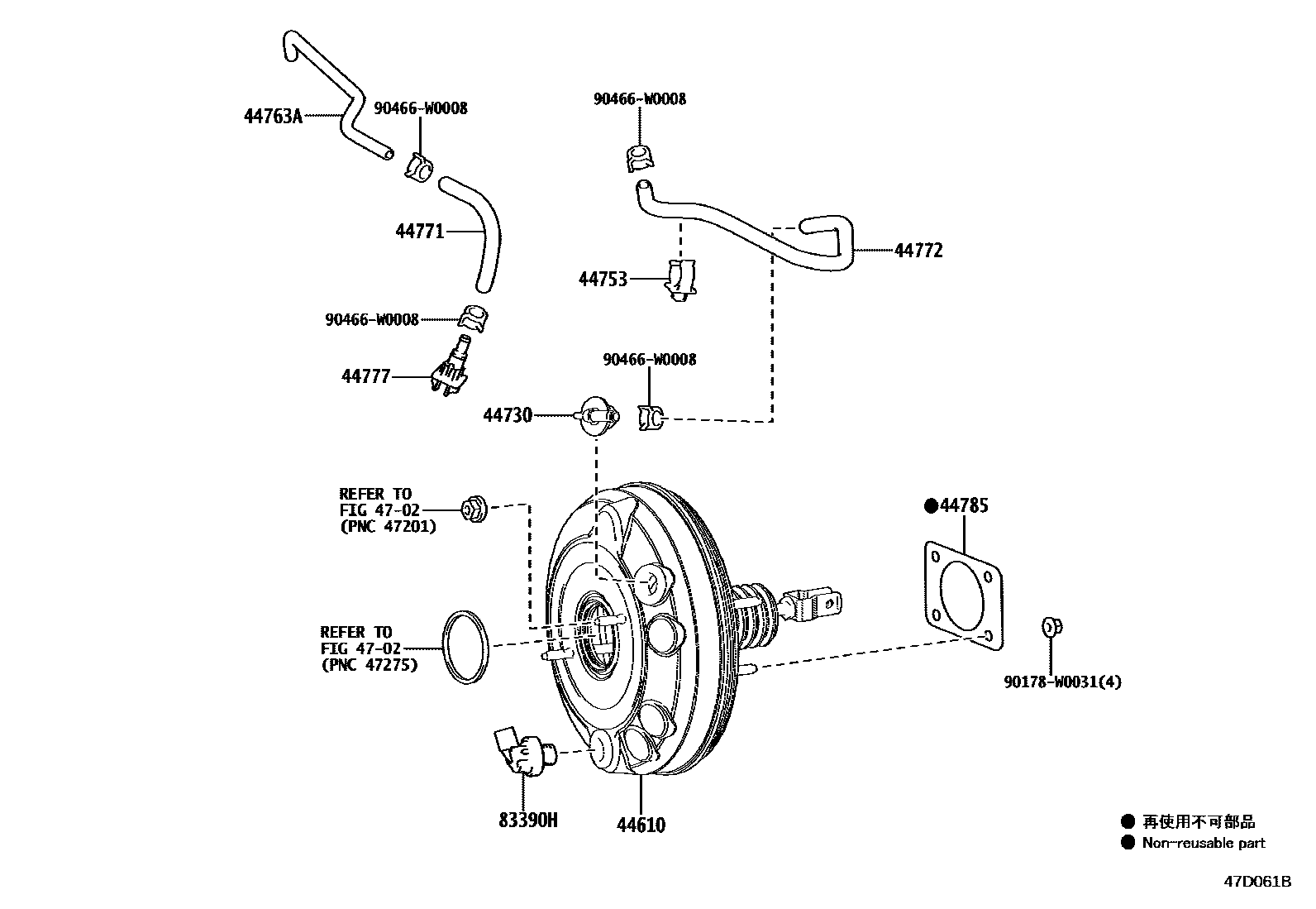 Toyota YARIS 制动助力器和真空管 EPC diagram — 47D061B